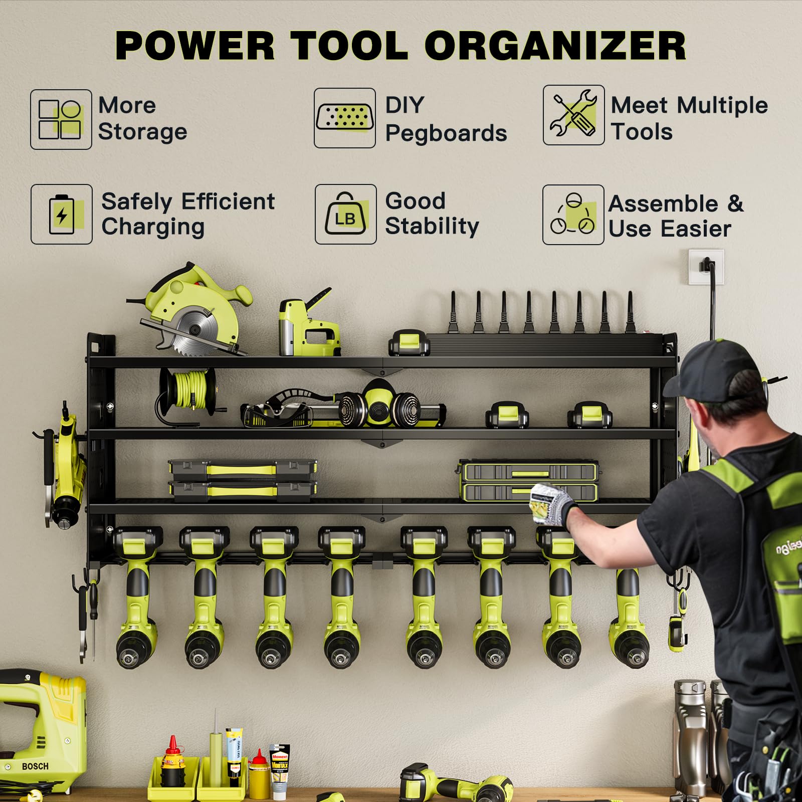 Wall Mounted Power Tool Organizer with Charging Station - 8 Drill Holder & 4 Layer Storage Rack for Garage Organization - Includes 8 Outlet Power Strip (Black) | Perfect for Workshop, Garage & DIY Projects