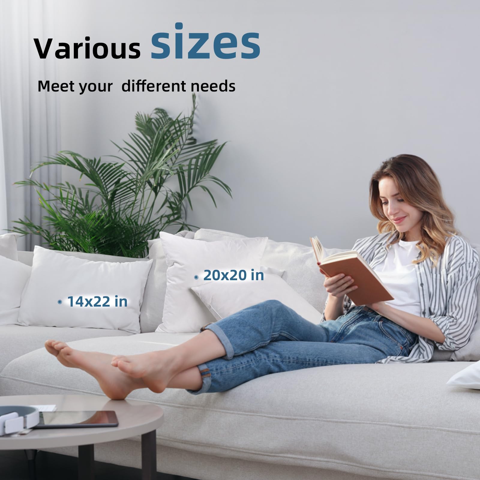 YSTHER 20x20 Down Feather Throw Pillow Inserts Set of 2 - Firm Large Lumbar Pillows for Bed & Couch - Soft Decorative Pillows for Sleeping & Relaxing - White Cotton Pillow Covers for Sofa, Living Room & Bedroom Decor