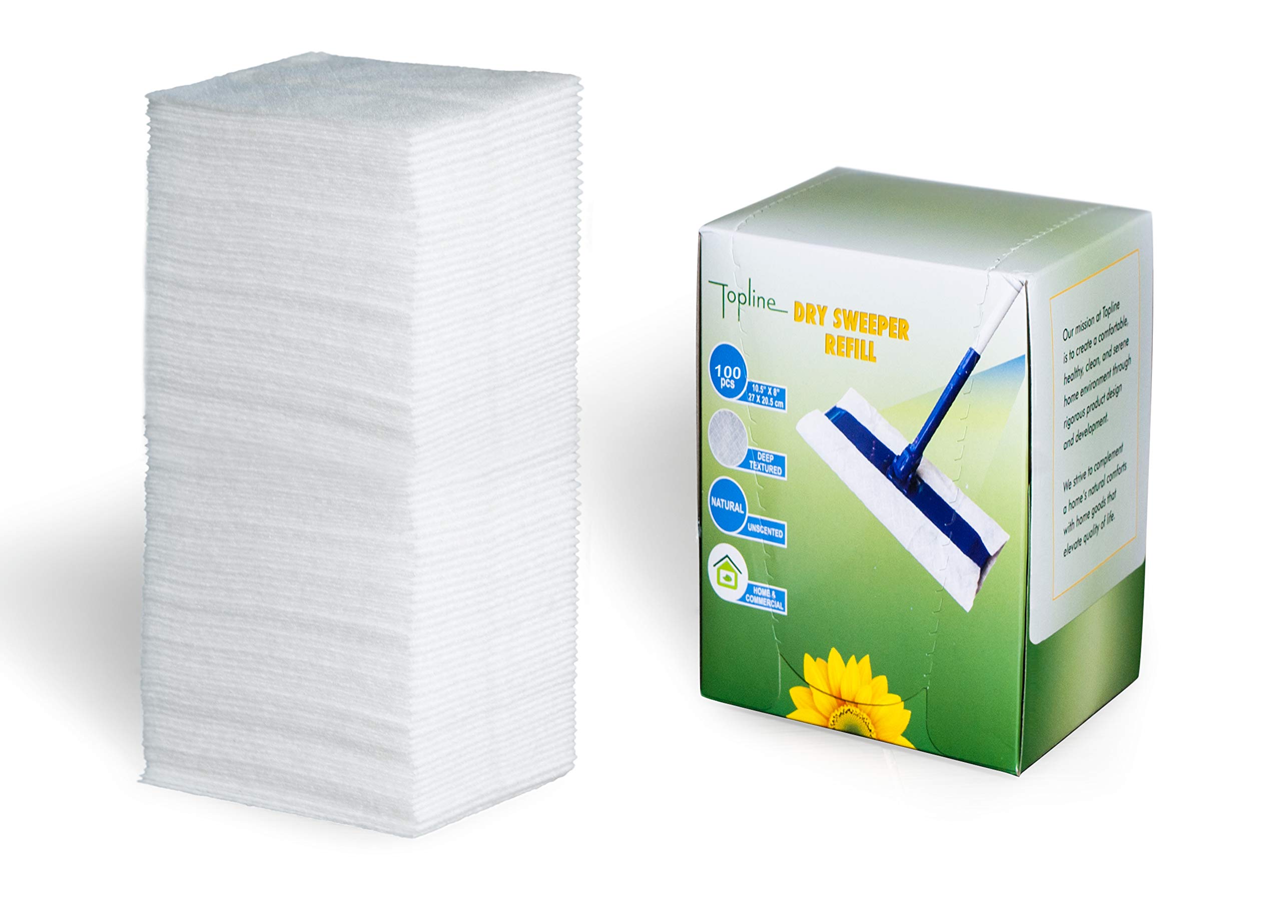 Topline Static Charged Unscented Disposable Dry Floor Mop Pads Refills - 100 Count | Dust & Pet Hair Removal for Hardwood & Tile Floors | Ideal for Daily Cleaning & Allergy Relief