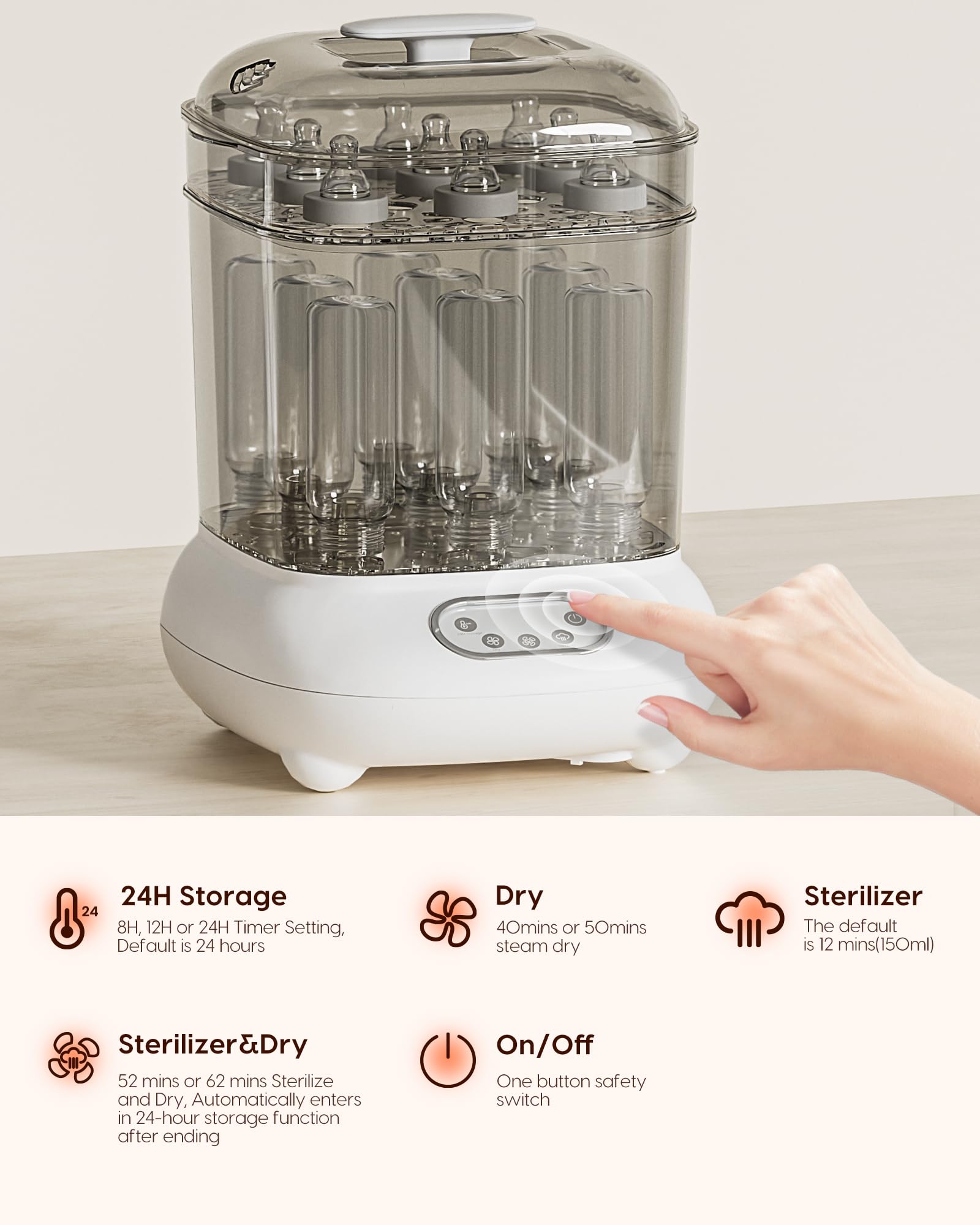 Femometer Electric Baby Bottle Sterilizer and Dryer - 12 Minute Fast Steam Sterilization, Large 9-Bottle Capacity for Newborn Essentials - Perfect for Home, Nursery and Travel Use