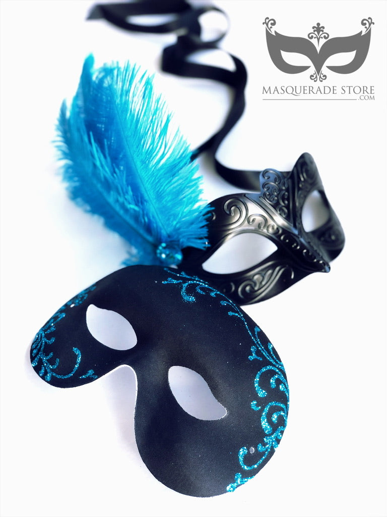 Nocturne Blue Feather Mask Set - Elegant Venetian Style Masquerade Mask for Halloween, Costume Parties & Mardi Gras - Perfect for Ballroom Dances, Themed Events & Photo Shoots