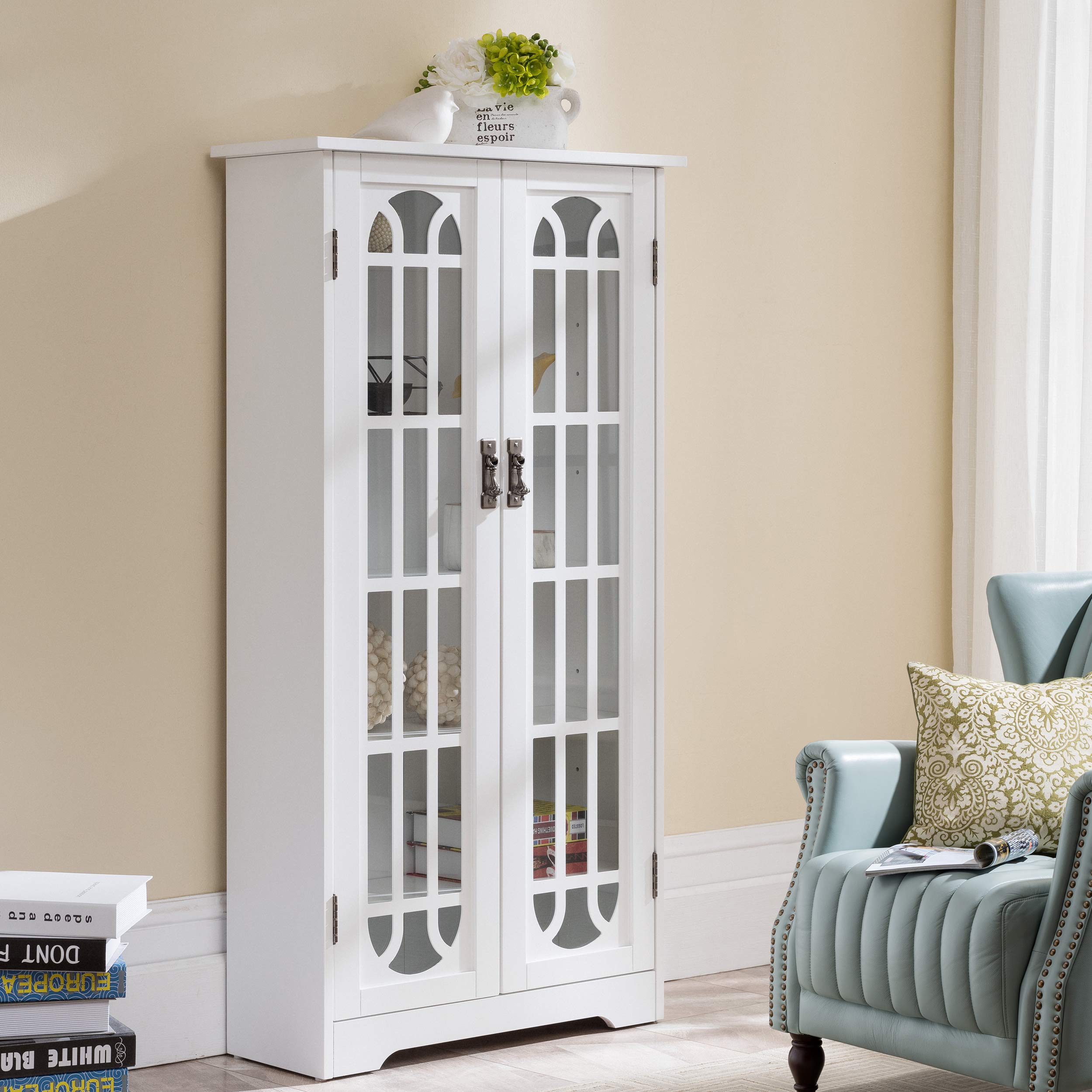 SEI Furniture White Adjustable Shelf Window Pane Display Storage Cabinet - Perfect for Living Room, Bedroom, or Office Organization
