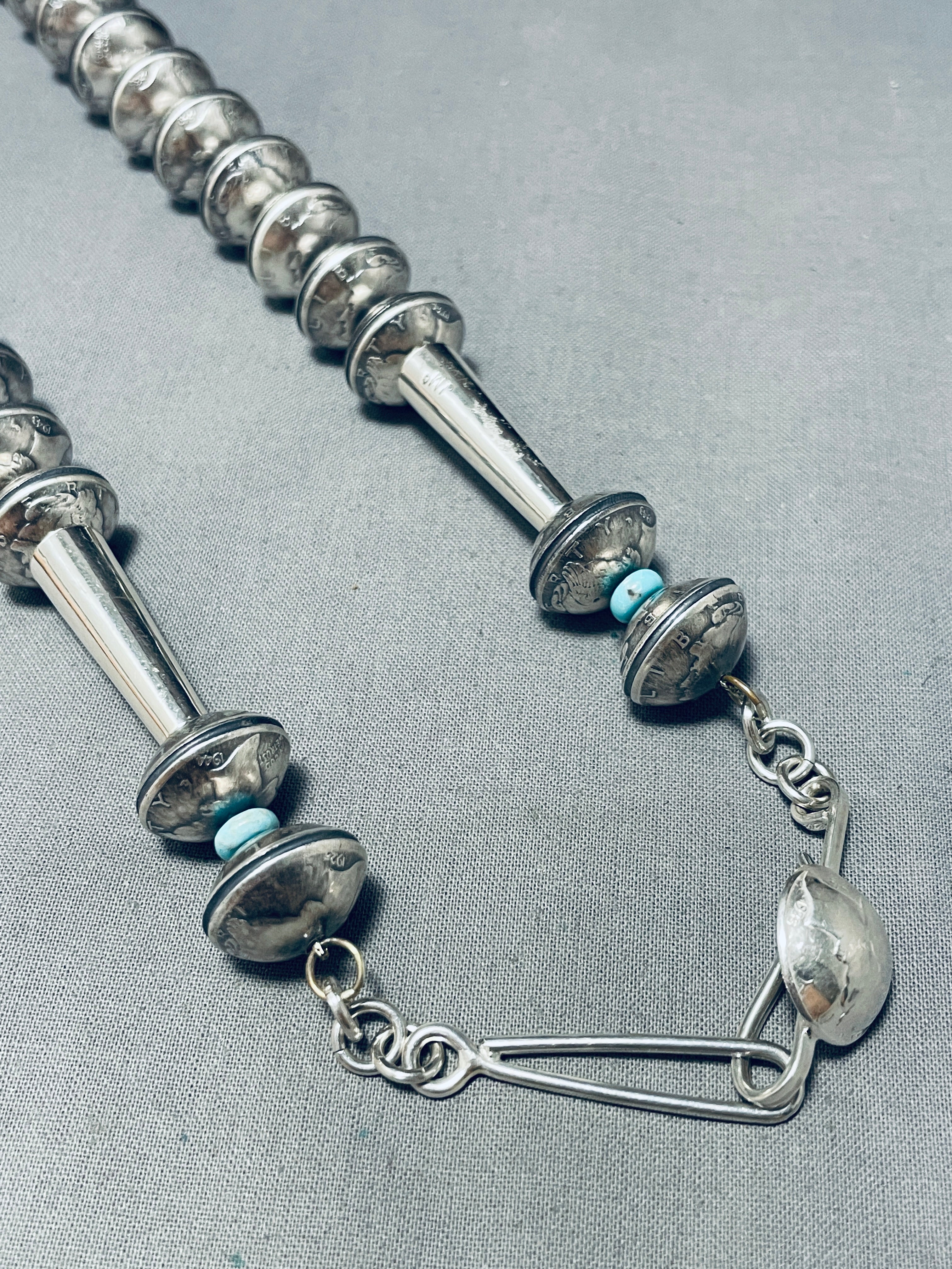 Authentic Native American Navajo Turquoise Sterling Silver Coin Necklace – 181 Grams | Handcrafted Jewelry for Women, Boho Chic Accessory, Perfect for Festivals & Special Occasions