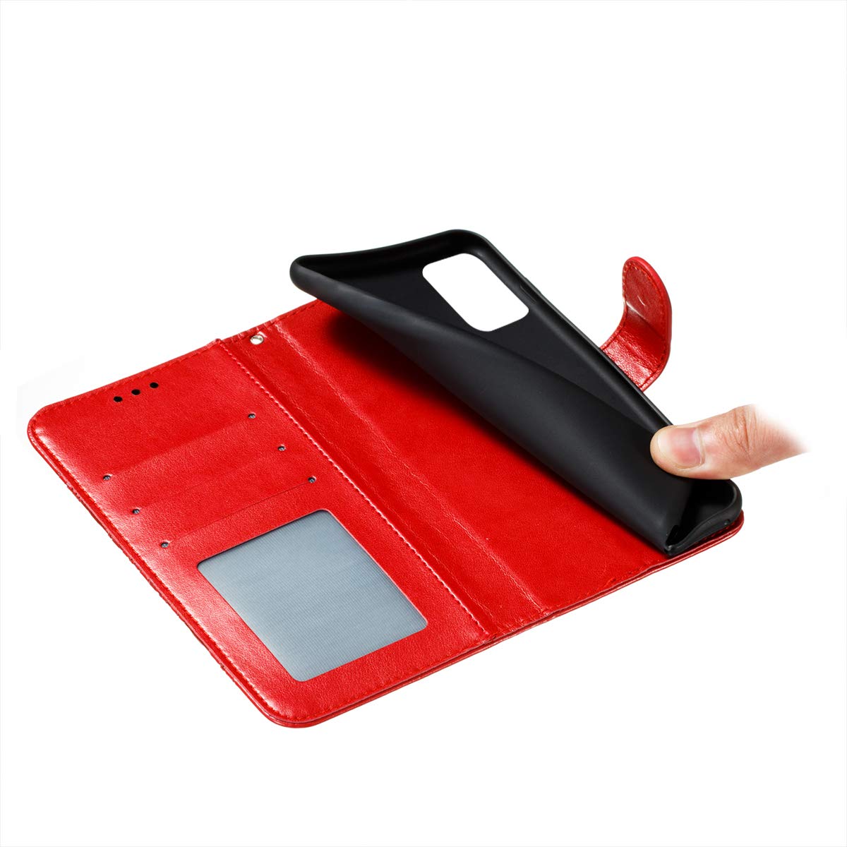 Premium PU Leather Mandala Embossed Flip Case for Samsung Galaxy A02S - Wallet Phone Cover with Card Slots & Magnetic Stand (Red) - Perfect for Daily Use, Travel, and Business Meetings
