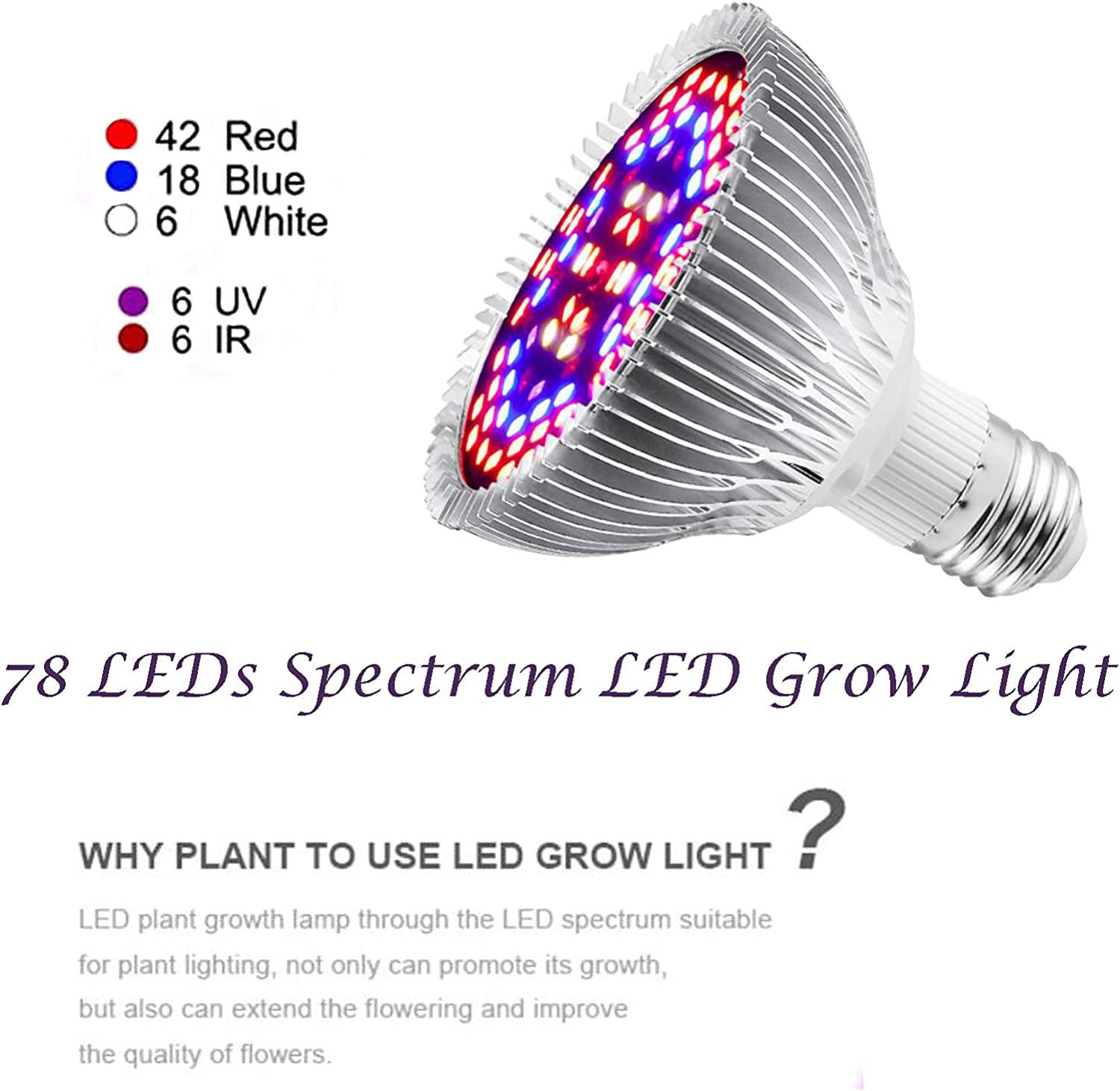 50W Full Spectrum LED Grow Light Bulb for Indoor Plants, Vegetables & Seedlings - Hydroponics, Greenhouse, Organic Soil Gardening - E27 Base 78 LED Plant Light (2 Pack) - Perfect for Indoor Herb Gardens, Hydroponic Systems & Home Greenhouses
