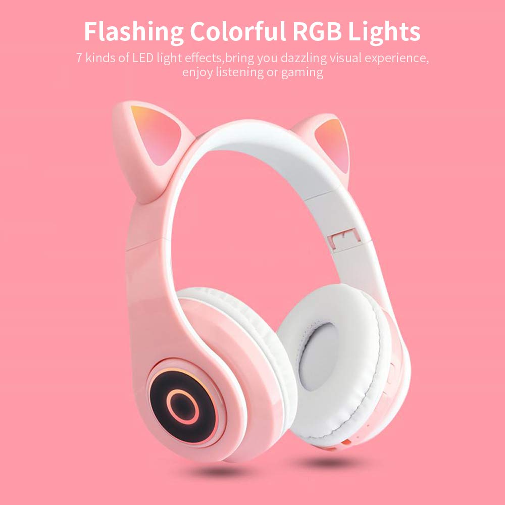 Docooler Cat Ear Headphones with Microphone - Wireless/Wired Over-Ear Gaming Headset with Stereo Hi-Fi Sound, Foldable & Adjustable for Girls, Teens & Adults | Perfect for Gaming, Streaming & Music Listening - Pink