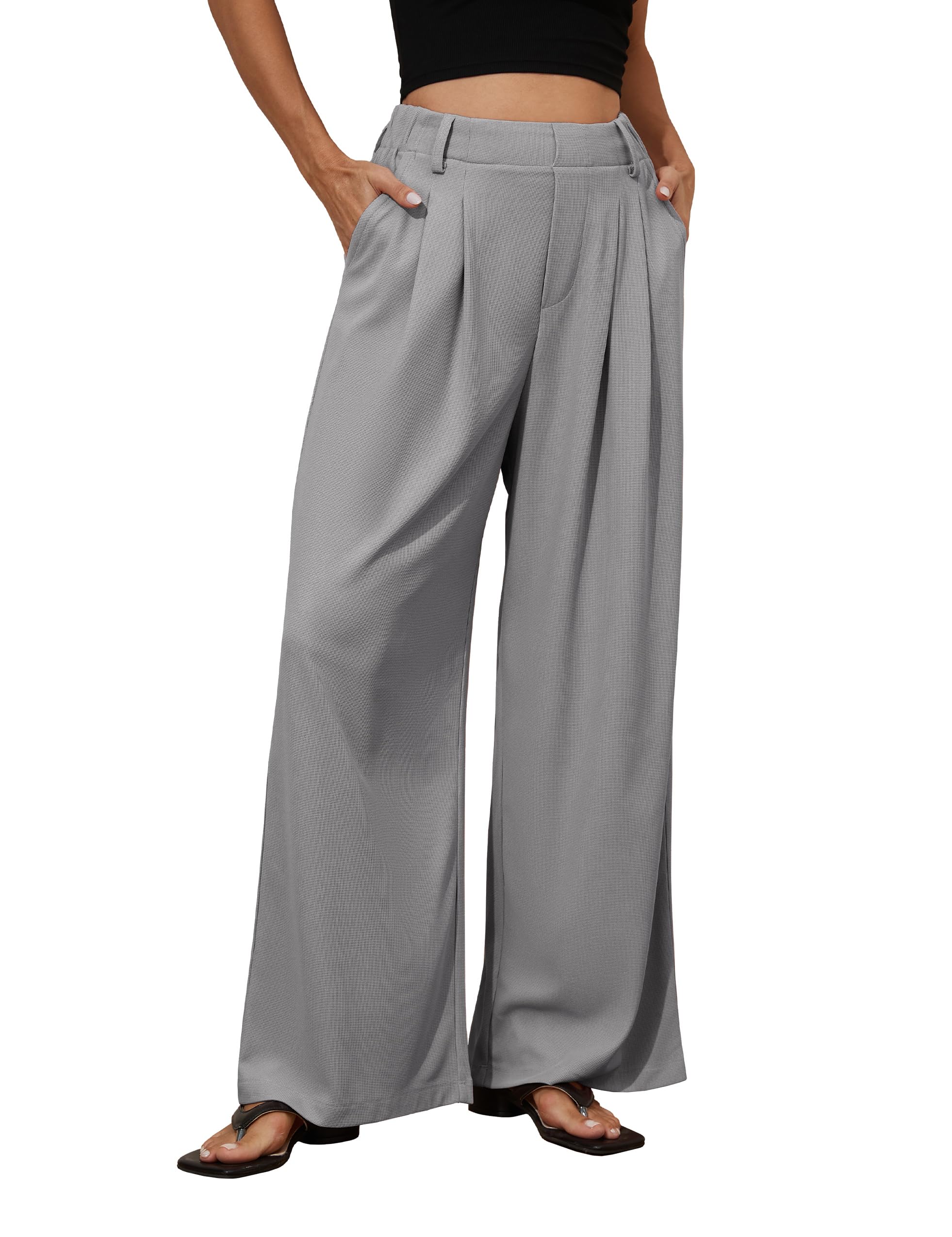 PrettyGuide Women's Wide Leg Dress Pants - Elastic High Waisted Waffle Knit Work Pants with Pockets | Comfortable Palazzo Trousers for Office, Business Casual & Everyday Wear