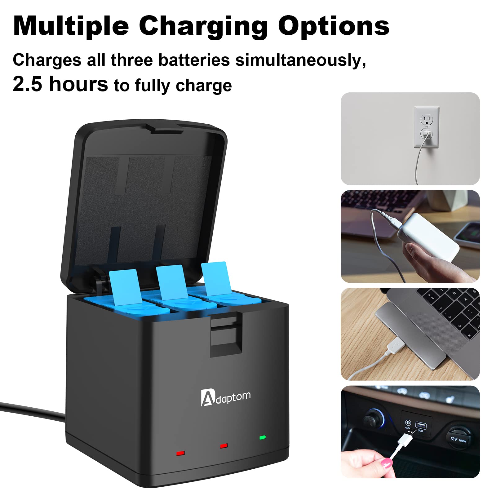 GoPro Hero 11/10/9 Battery Charger with 2 Replacement Batteries - 3-Slot Fast Charging Station for GoPro Hero 11 Black, Hero 10 Black & Hero 9 Black - Perfect for Travel, Vlogging & Outdoor Adventures