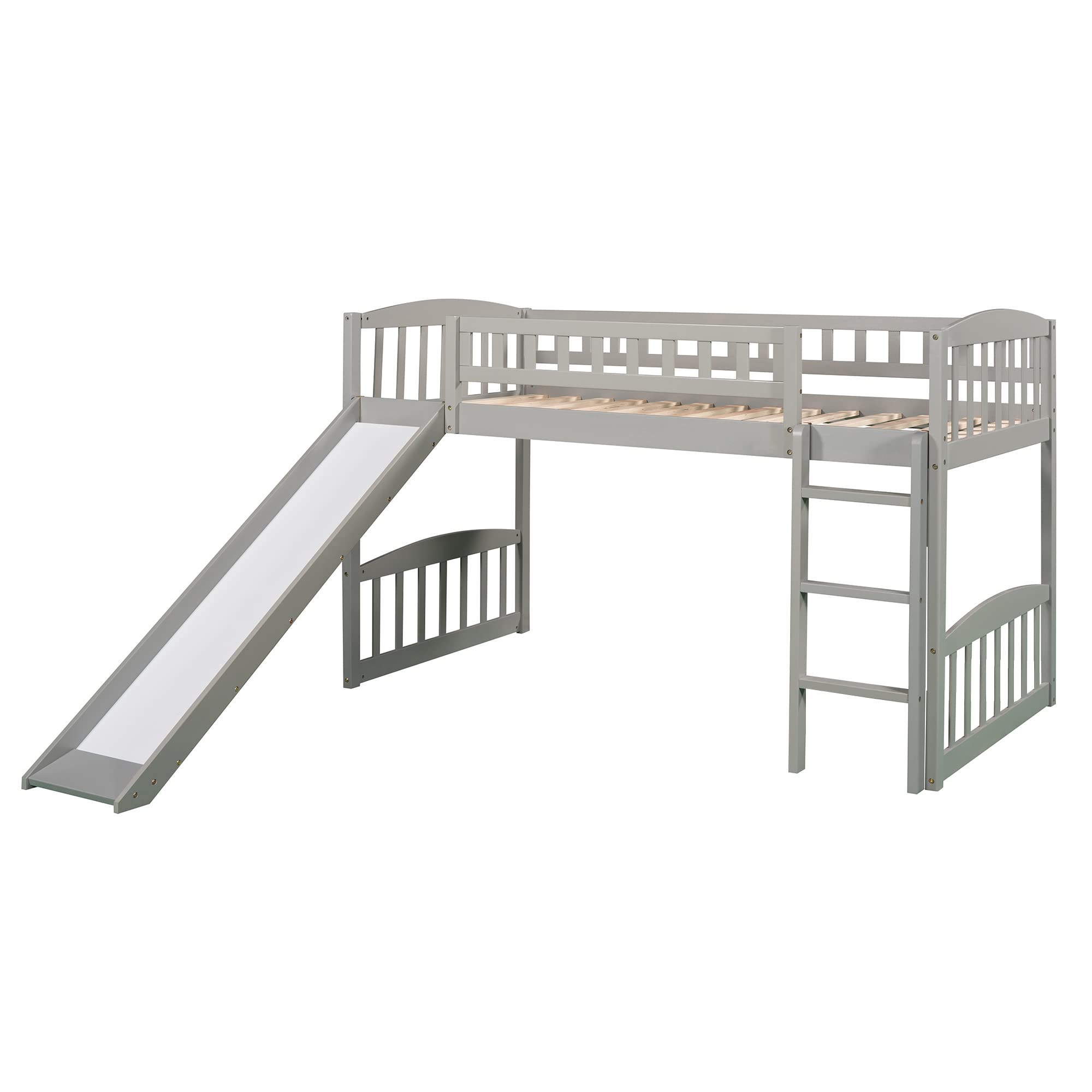 Bellemave Twin Loft Bed with Slide and Ladder - Low Height Wooden Bunk Bed for Kids, Boys & Girls - Space Saving Gray Children's Bedroom Furniture for Small Rooms & Play Areas