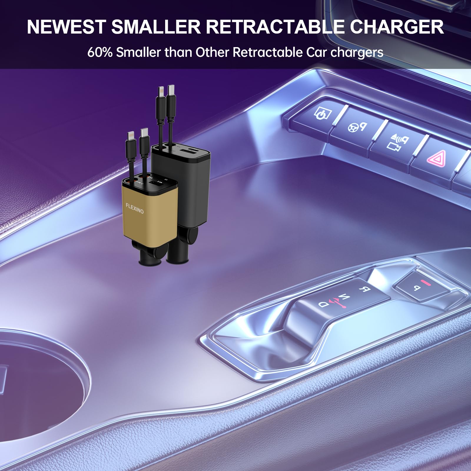 Flexino 69W 4-in-1 Retractable Car Charger with USB-C - Fast Charging for iPhone 16/15/14/13/12 & Samsung - Compact & Golden Design - Perfect for Road Trips & Daily Commutes