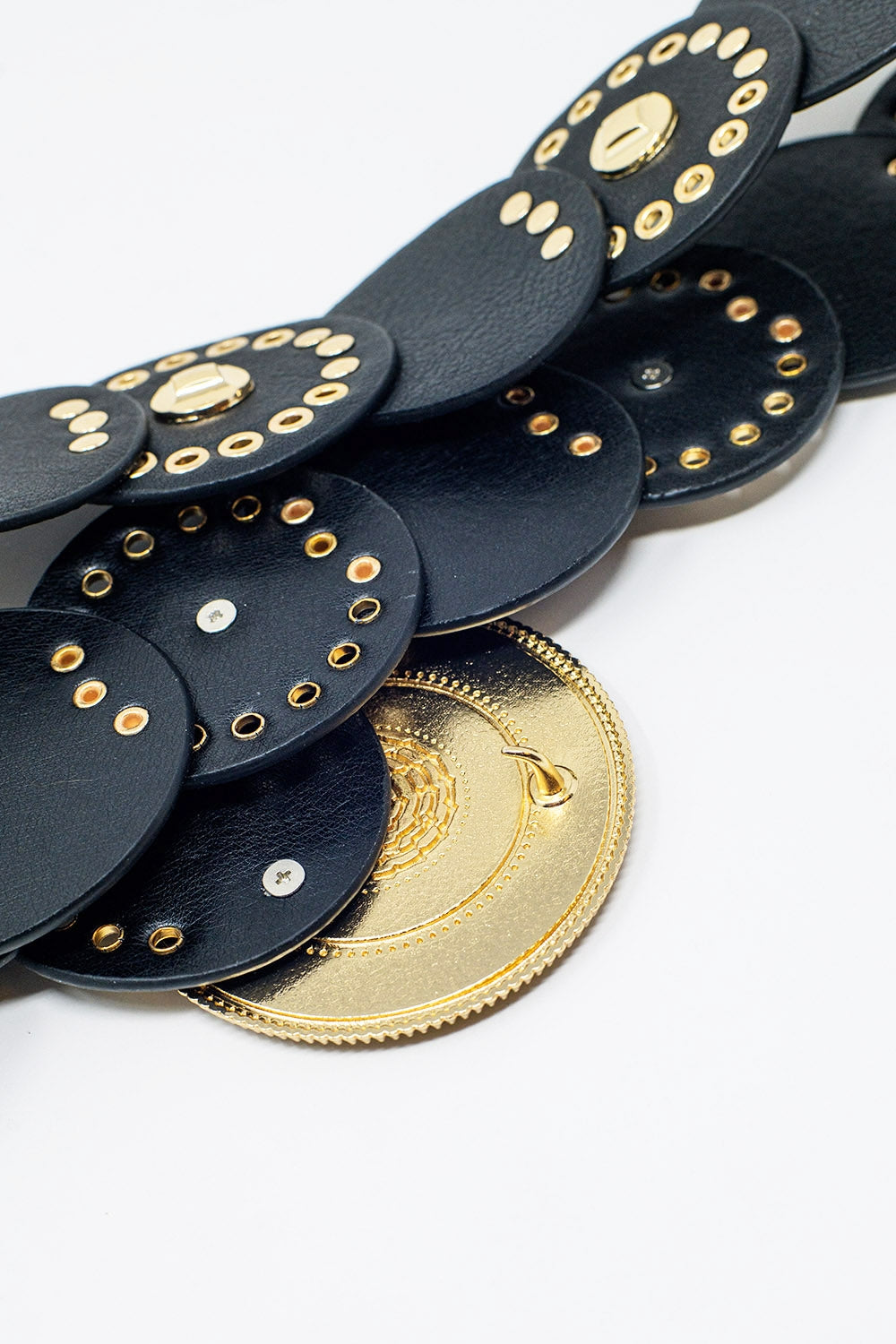 Black Leather Belt with Round Black Rhinestone Buckle & Gold Accents - Elegant Waistband for Women's Dresses, Pants & Office Wear