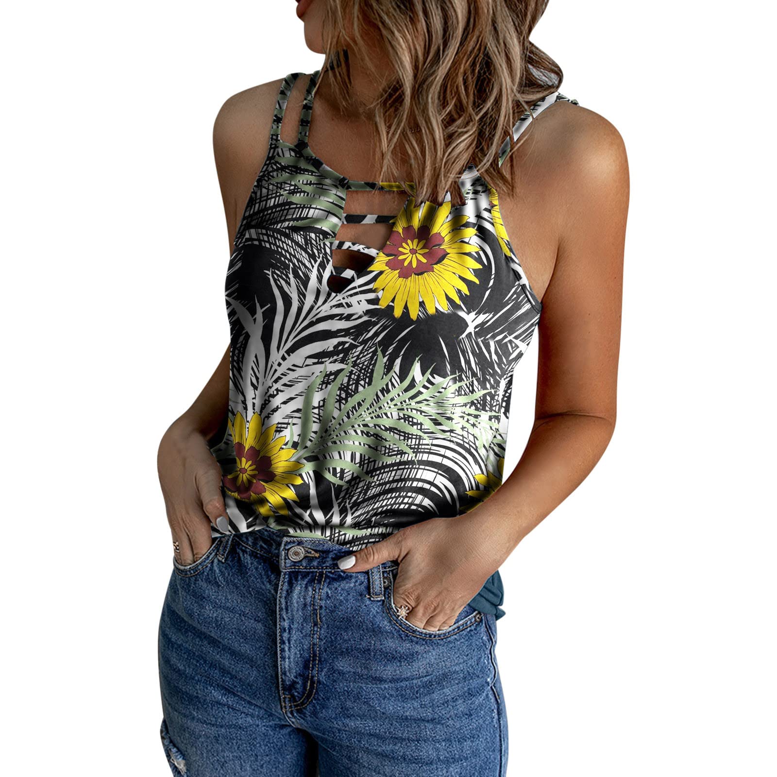 Women's Fashion Summer Tank Tops - Loose Fit Cute Cutout Blouses with Sunflower Print | Casual Sleeveless Camisole Tops for Beach, Vacation & Everyday Wear (Size L)