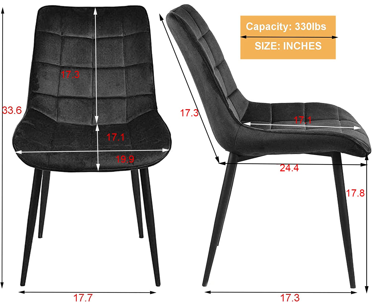 4 Black Velvet Dining Chairs Set with Metal Legs - Modern Padded Kitchen Side Chairs for Dining Room, Easy Assembly | Perfect for Home, Restaurant, Cafe & Office Use