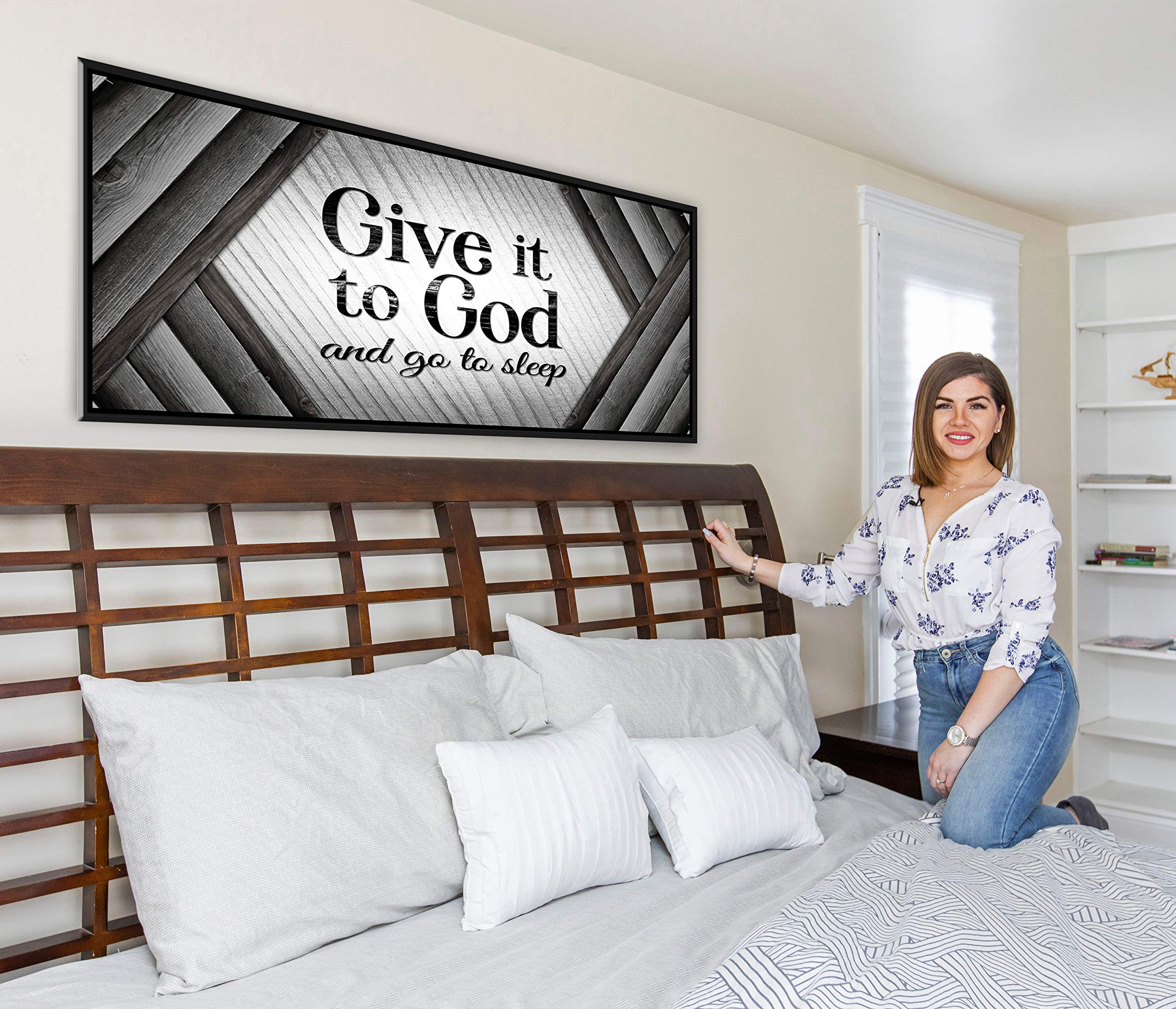 Give It to God and Go to Sleep Christian Wall Art - Large Religious Farmhouse Sign with Grey & Black Floating Frame (42x19) - Perfect for Master Bedroom, Living Room & Prayer Space Decor