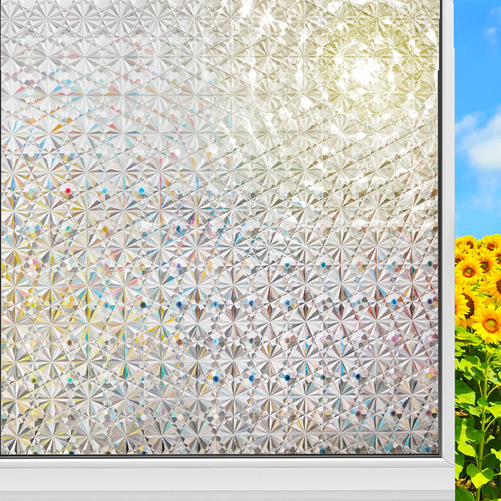 3D Diamond Stained Glass Window Privacy Film - 17.7x78.7 Inch Static Cling Decorative Window Covering for Heat Control & Sun Blocking - Rainbow Tinted Privacy Film for Bedroom, Bathroom, Office & Living Room Windows - Adds Elegant Style While Enhancing Privacy & UV Protection