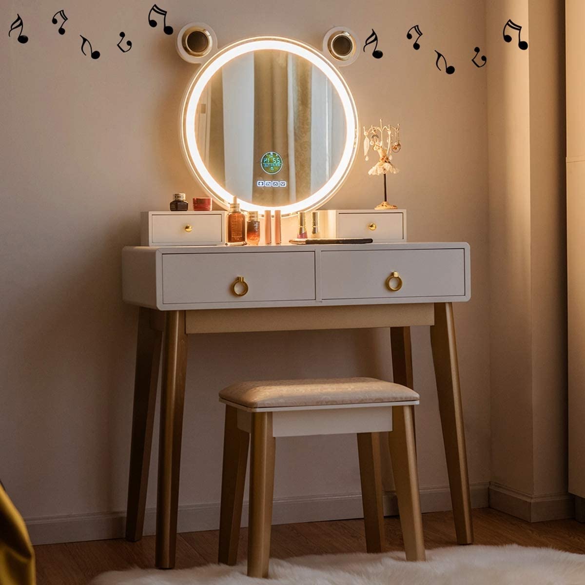 MAT EXPERT Vanity Desk Set with LED Mirror & Bluetooth Speaker - White Modern Dressing Table w/Padded Stool, 3-Color Touch-Screen Lighting & 4 Drawers - Solid Wood Makeup Vanity for Bedroom, Home Salon & Bridal Dressing Area
