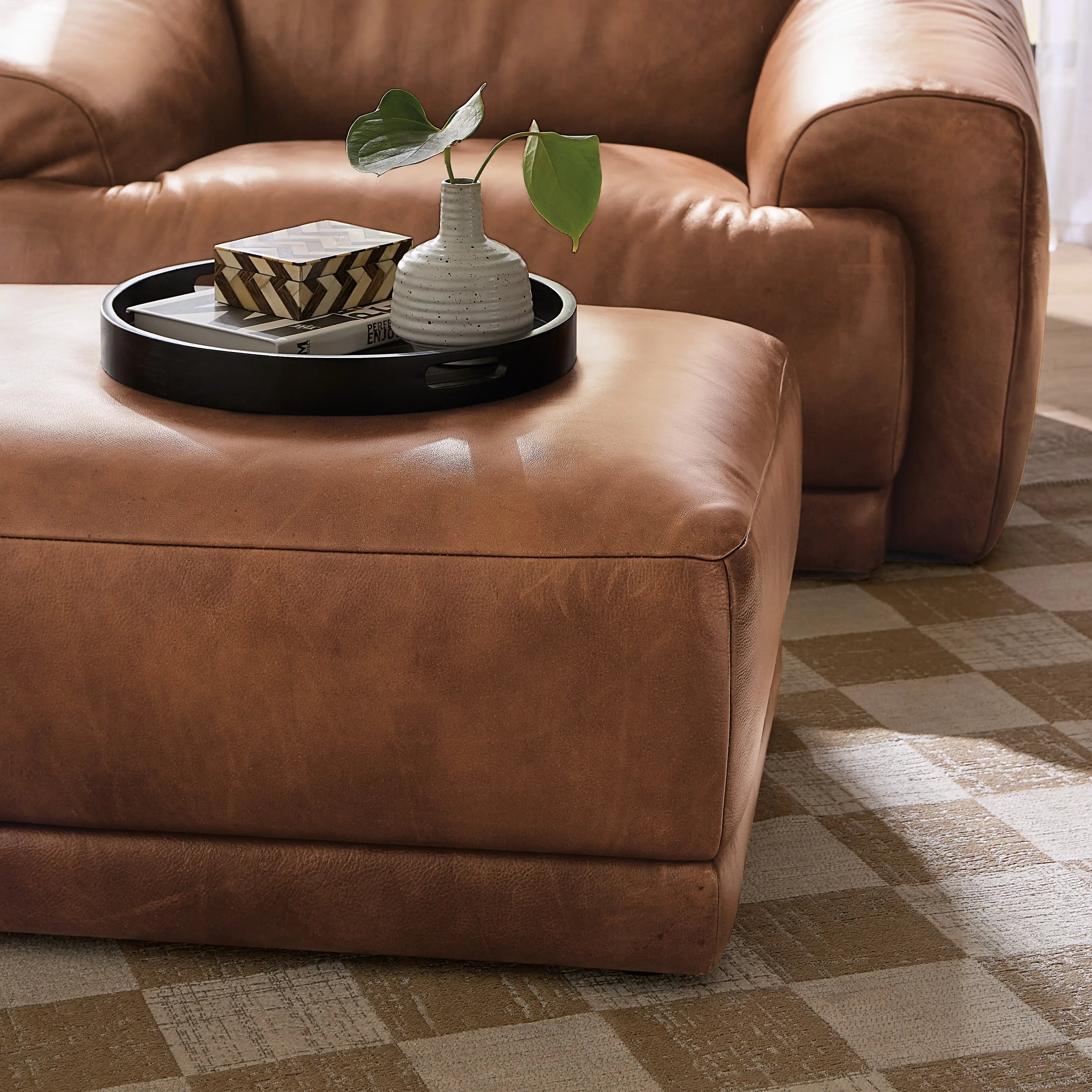 Premium Fleetwood Leather Ottoman - Stylish Footrest & Storage Bench for Living Room, Bedroom, or Office - Brown Genuine Leather with Tufted Design