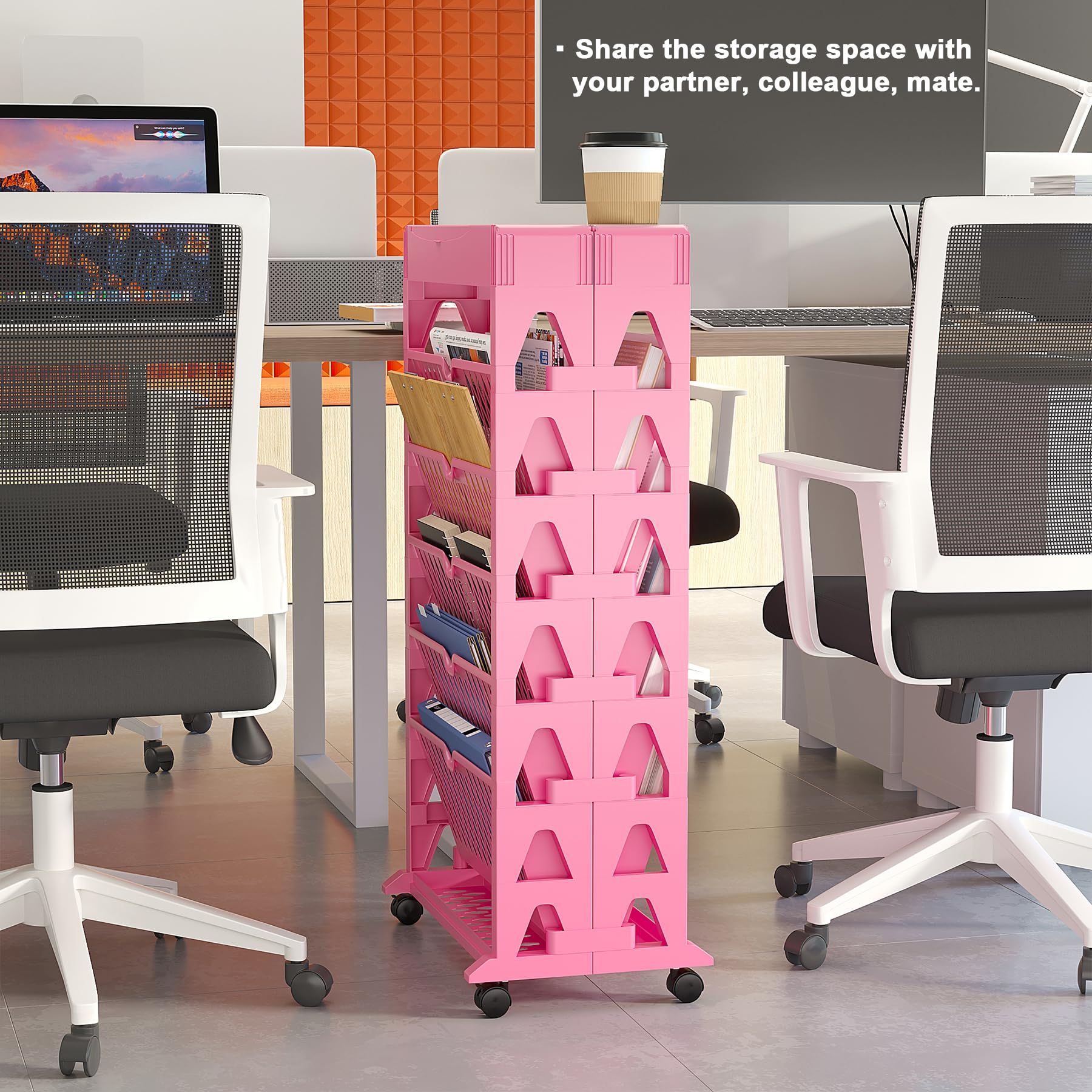 6-Tier Rolling Bookcase with Removable Shelves - Kids Book Organizer, Magazine & File Storage Rack (10 Slots, Pink) - Perfect for Home Office, Classroom & Playroom Organization