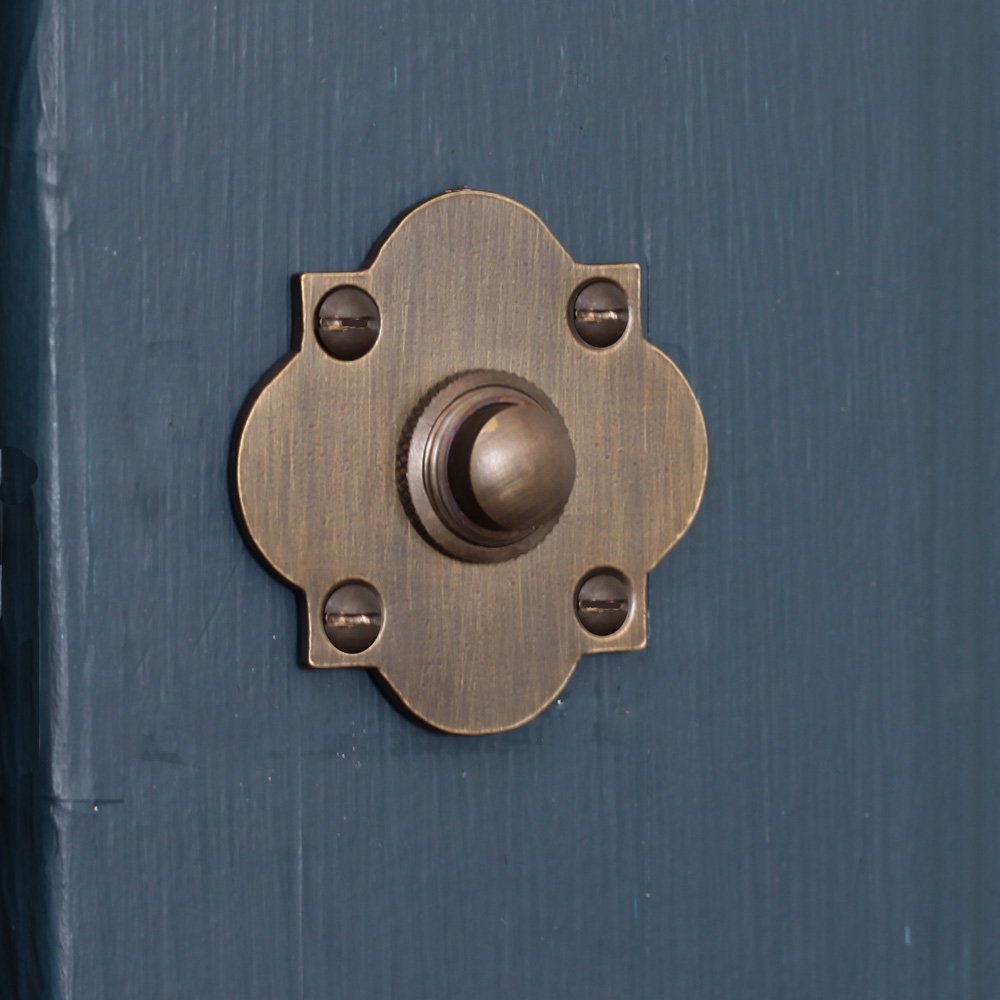 Vintage Distressed Antique Brass Quatrefoil Bell Push - Classic Doorbell Button for Victorian Homes, Farmhouse Entryways & Rustic Interiors