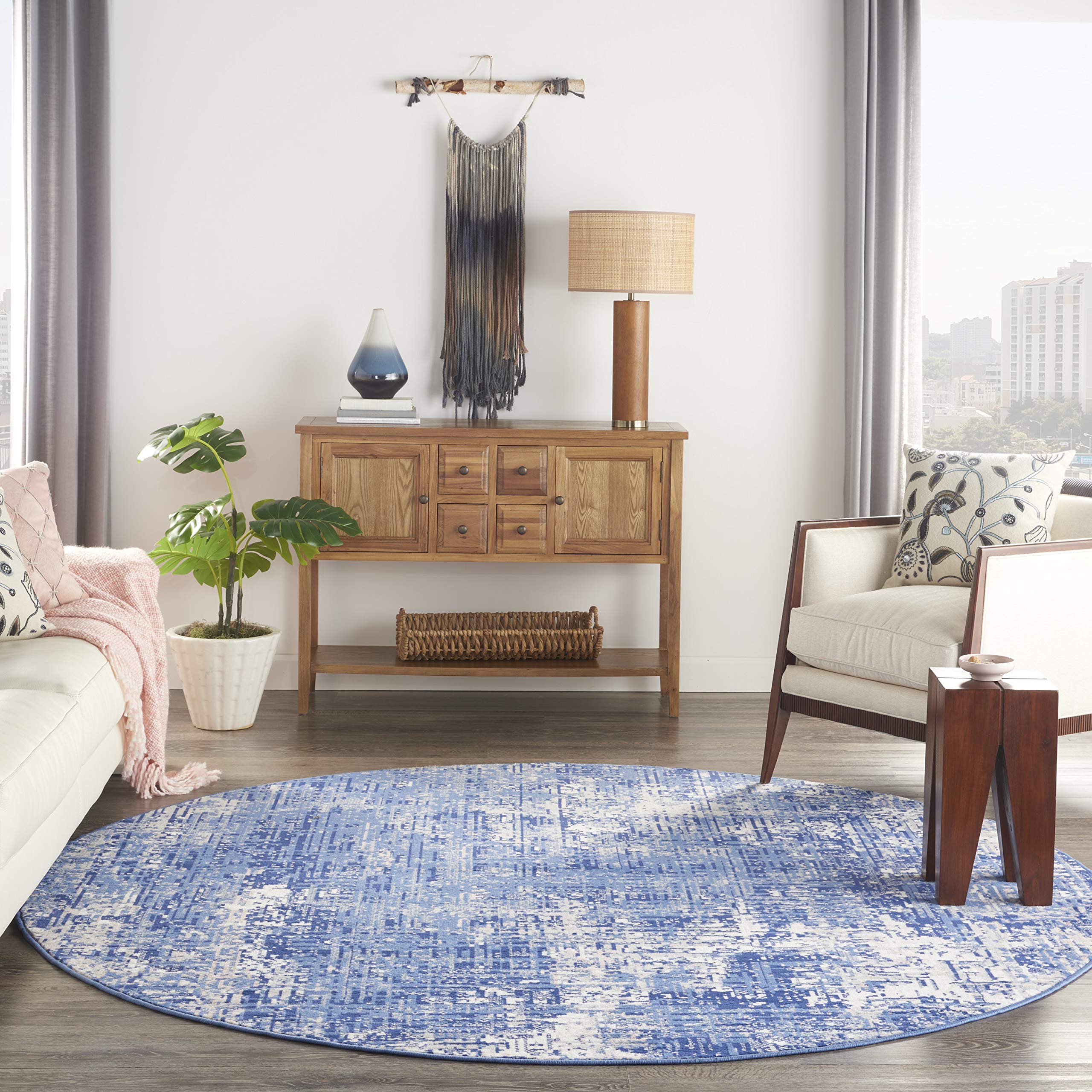 Nourison Whimsicle Abstract Blue Ivory 8' Round Area Rug - Easy Cleaning, Non-Shedding, Soft & Durable - Perfect for Bedroom, Living Room, Dining Room & Kitchen Decor (8ft Round)