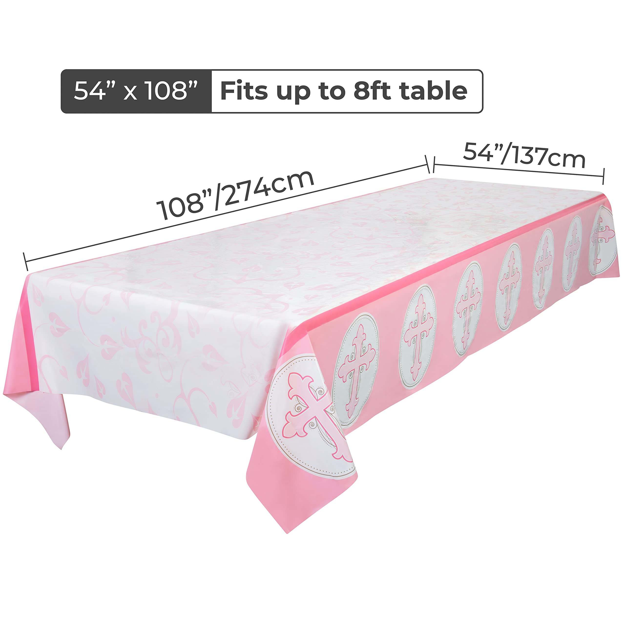 Royal Bluebonnet Pink Baptism Tablecloth Set of 2 - Waterproof Plastic Table Cover for 6-8 Foot Tables - Perfect for Girls' Baptism Party, First Communion, Christening & Easter Celebrations - Elegant Church Event & Holiday Dining Decor