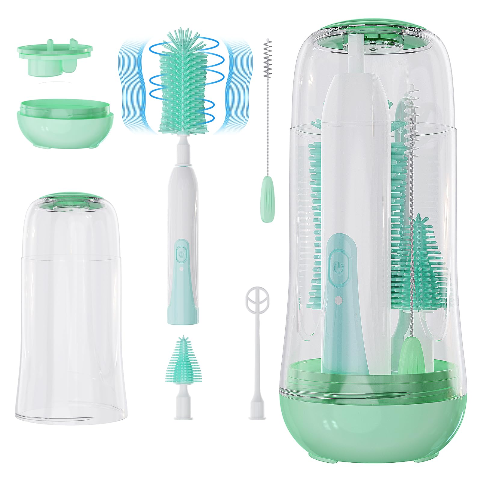 VSTM Electric Baby Bottle Brush Set - Automatic Bottle Cleaner with Silicone Brush, Nipple & Straw Cleaner, Milk Frother & Drying Rack (Green) - Perfect for Travel, Home & Nursery Use