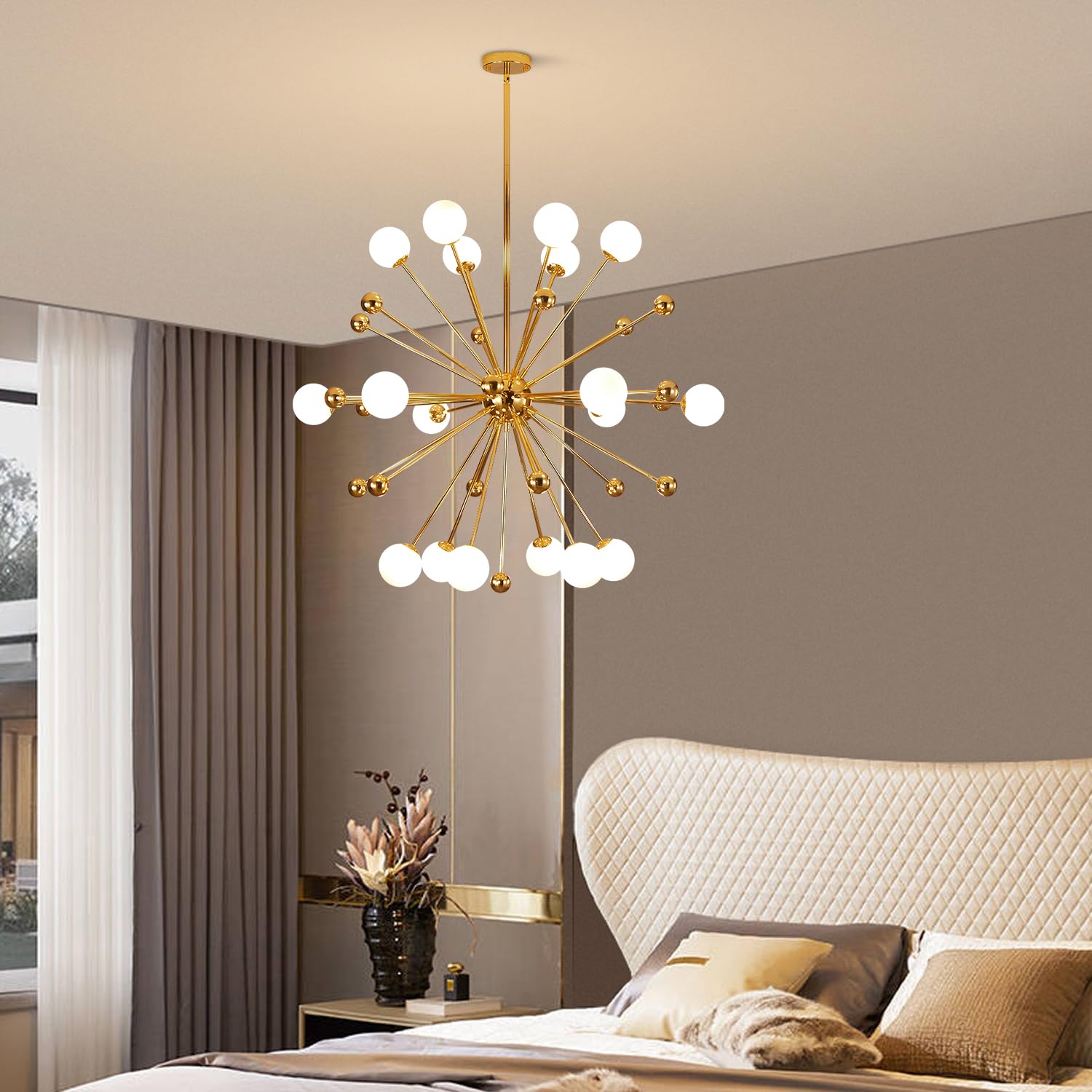 Modern Globe Chandelier - 18-Light Gold Sputnik Flush Mount Ceiling Light with White Glass Balls, Adjustable Height - Perfect for Dining Room, Living Room, Bedroom & Entryway Lighting