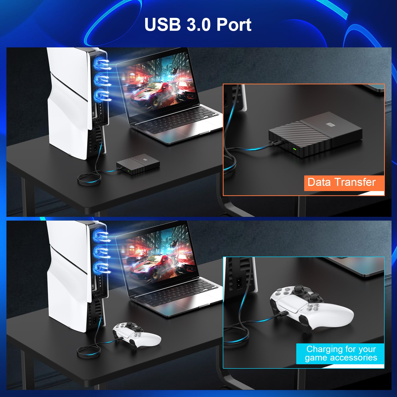PS5 Slim Cooling Fan with Auto ON/OFF, 2-Speed Quiet Cooling, LED Light & USB Port - Compatible with PS5 Slim Digital & Disc Edition (Not for PS5) - Perfect for Gaming Sessions & Overheating Prevention