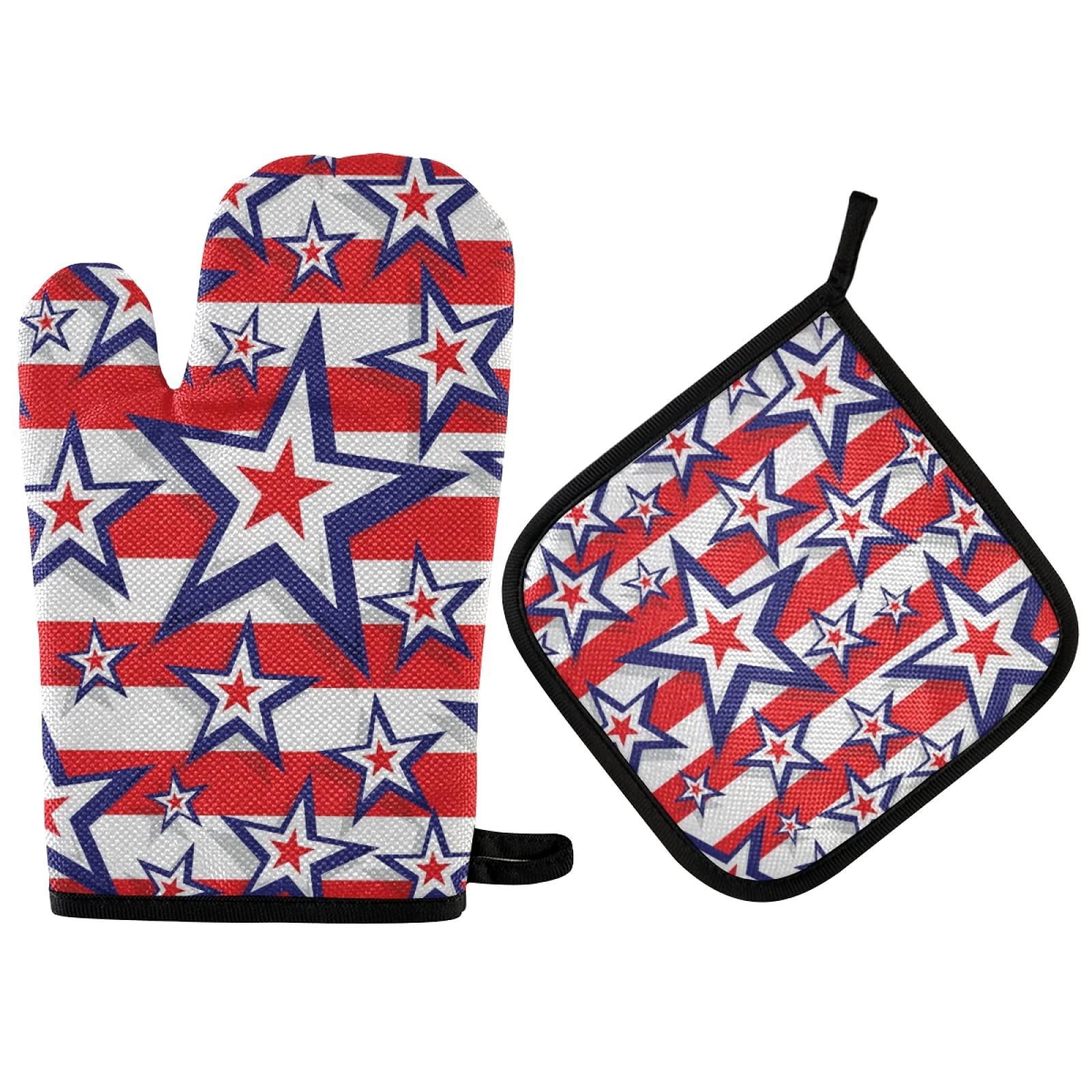 QUGRL Stars and Stripes Oven Mitts & Pot Holders Set - Heat Resistant Kitchen Gloves for Baking, Cooking, BBQ - Patriotic 4th of July Kitchen Accessories - Perfect for Holiday Cooking, Grilling & Home Decor
