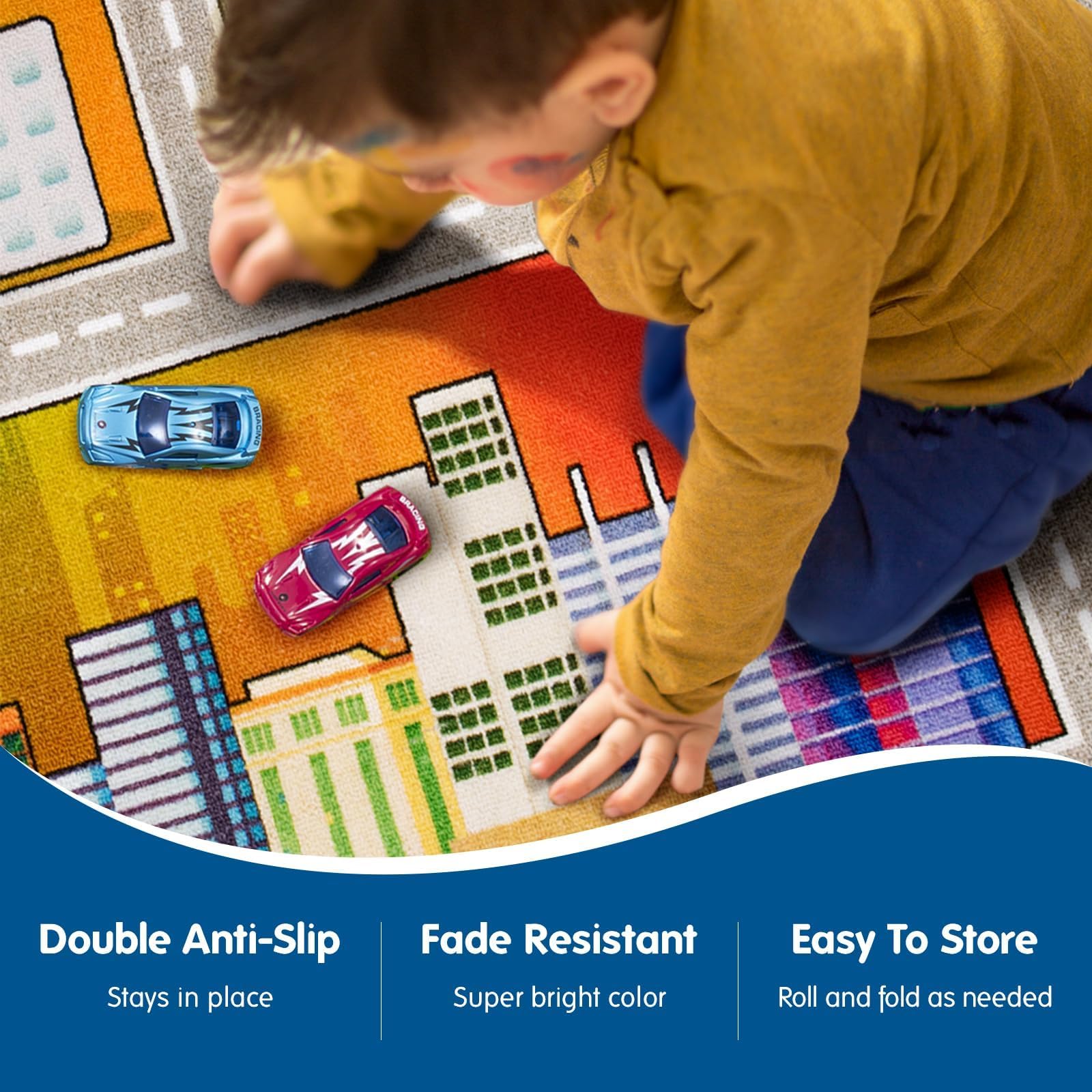 Booooom Jackson Kids Car Playmat Rug 3.3x6.6 ft - Non-Slip Race Track Carpet with Road & Buildings Design for Toy Cars - Perfect for Playroom, Bedroom & Indoor Activities (Parking, Helipad Printed)