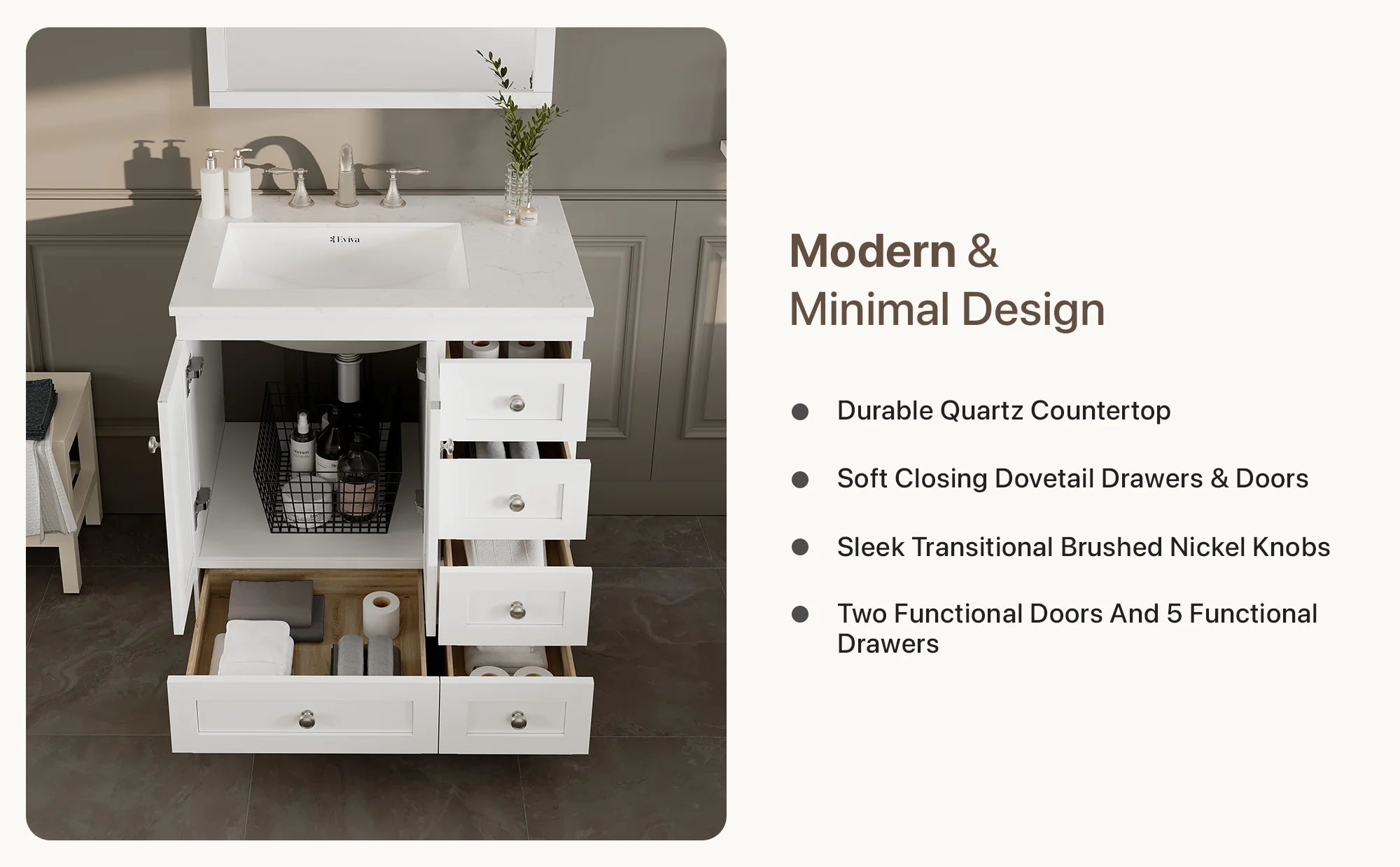 Eviva Acclaim 30 Inch Bathroom Vanity with Carrara Quartz Countertop - Modern White Bathroom Sink Cabinet for Small Spaces, Perfect for Powder Rooms and Guest Bathrooms