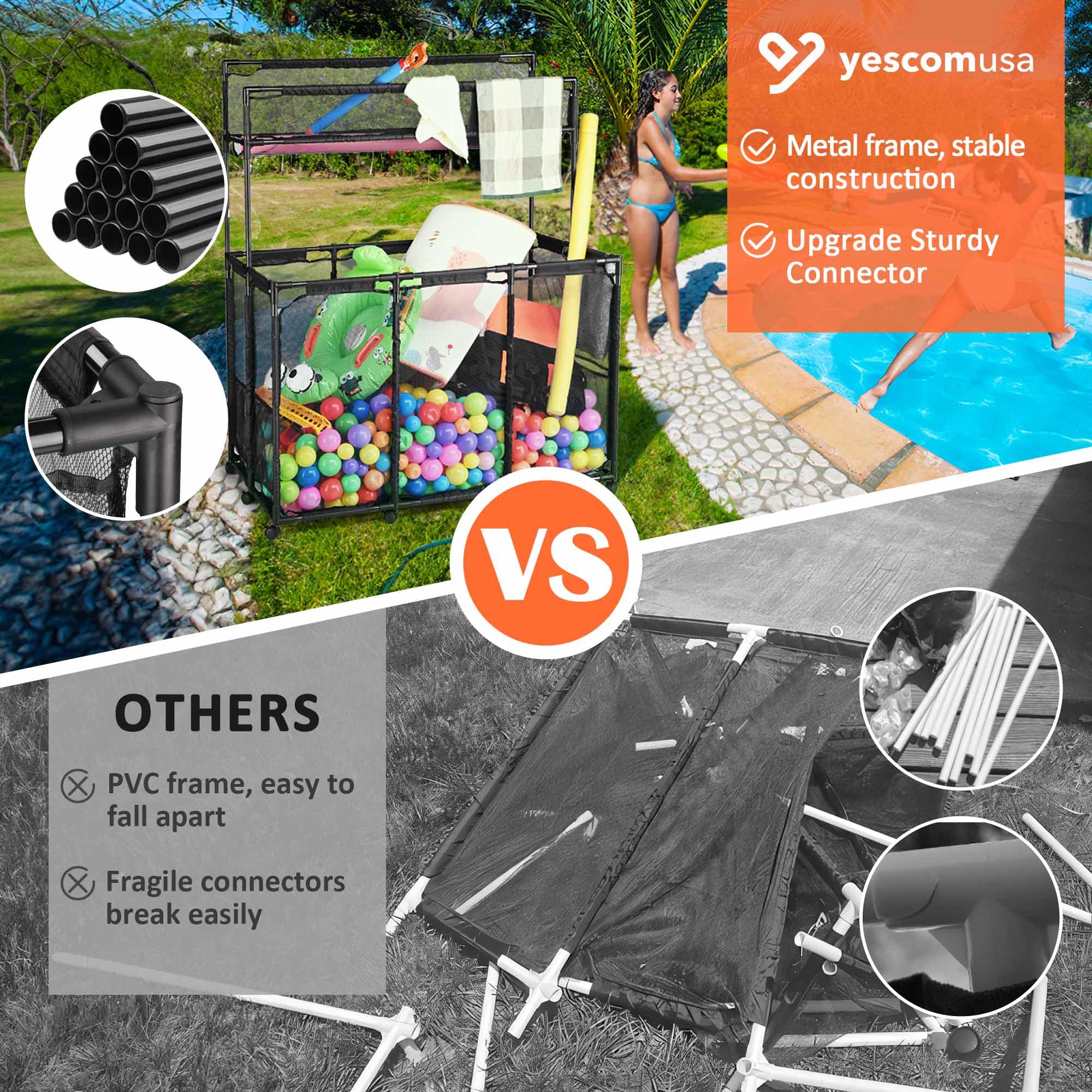 Yescom Heavy-Duty 10-Wheel Rolling Mesh Pool Storage Bin - XXL Double Decker with Noodle Holder, Pool Float Organizer - Upgraded Sturdy Connectors, 49