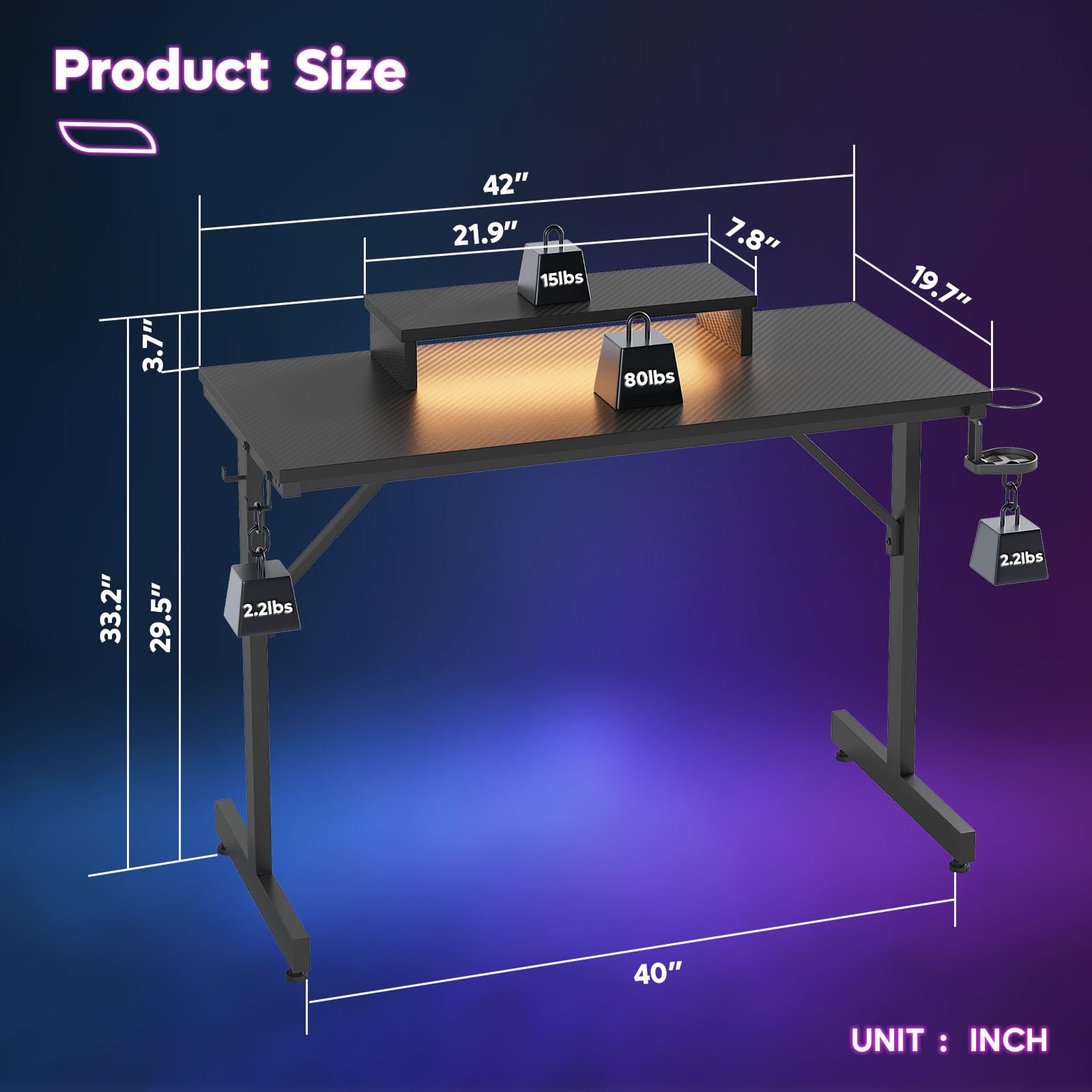Bestier 42 Inch Gaming Desk with LED Lights - Small Computer Desk with Monitor Shelf & Headphone Hook - Black Carbon Fiber Texture Gaming Table for Kids & Teens - Perfect for PC Gaming, Streaming & Home Office Setup