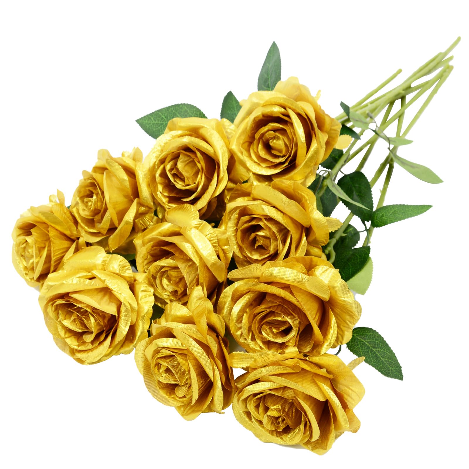 10pcs Artificial Gold Rose Flowers - 50cm Silk Fake Roses for Wedding Bouquet, Bridal Decor, Home Decoration, Party & Event Centerpieces (Gold)