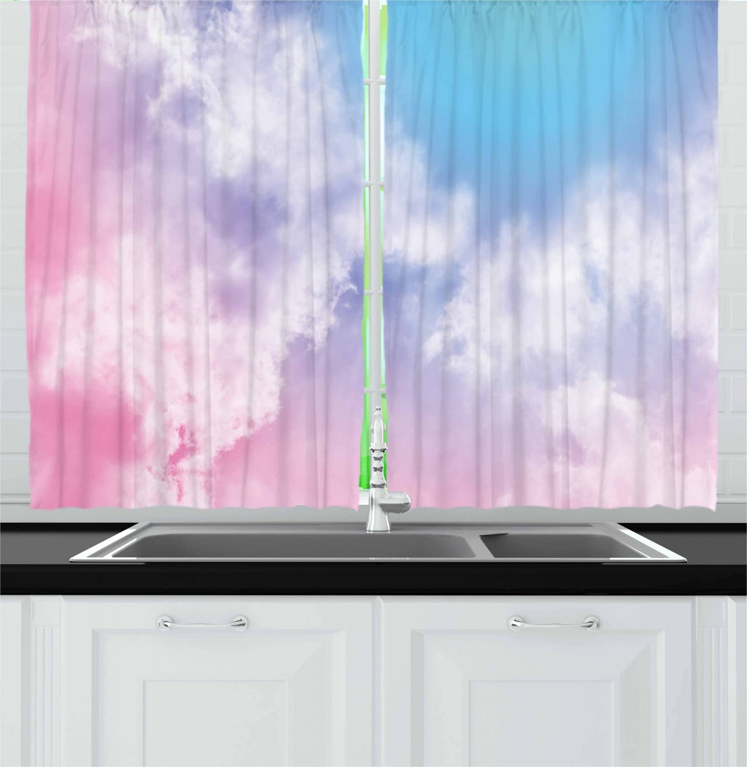 Ambesonne Pastel Long Kitchen Curtains - Fantasy Sky Abstract Smoky Cloud Design, Mystical Ethereal Window Drapes with Rod Pocket, 55