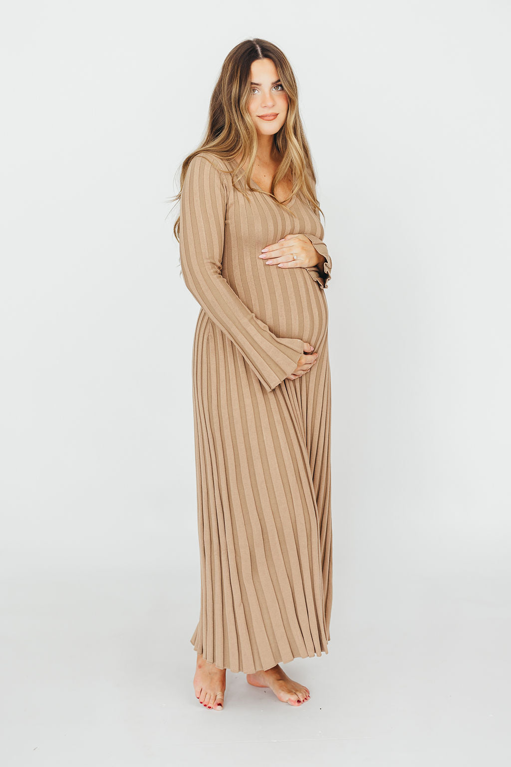 Hadley Long Sleeve V Neck Knit Maxi Dress for Women - Elegant Espresso Brown Fall/Winter Midi Dress with Side Slits | Perfect for Office, Date Night & Holiday Parties