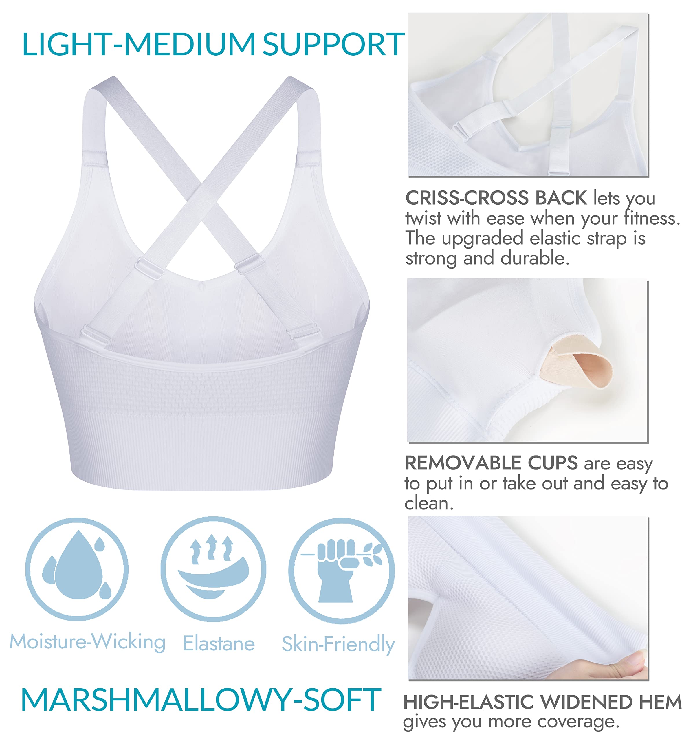 ANGOOL Women's Strappy Sports Bras - Medium Support Wirefree Yoga Bra for Running, Gym & Activewear | Comfortable Workout Top for Fitness & Yoga