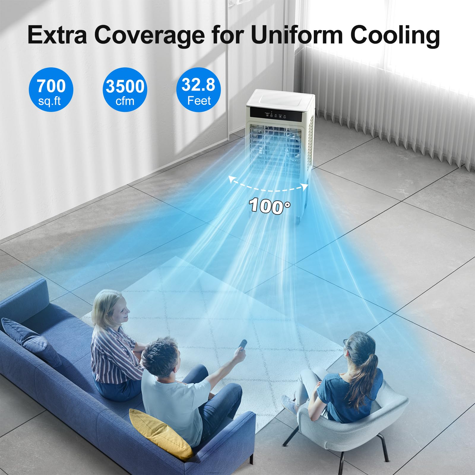 3500CFM Evaporative Air Cooler with 5.3 Gallon Water Tank - 100° Oscillation, 24H Timer, 3 Speeds & Modes, 4 Ice Packs - Portable Swamp Cooler with Remote for Room, Outdoor, Garage, Patio - Energy Efficient Cooling Solution for Home & Office Use