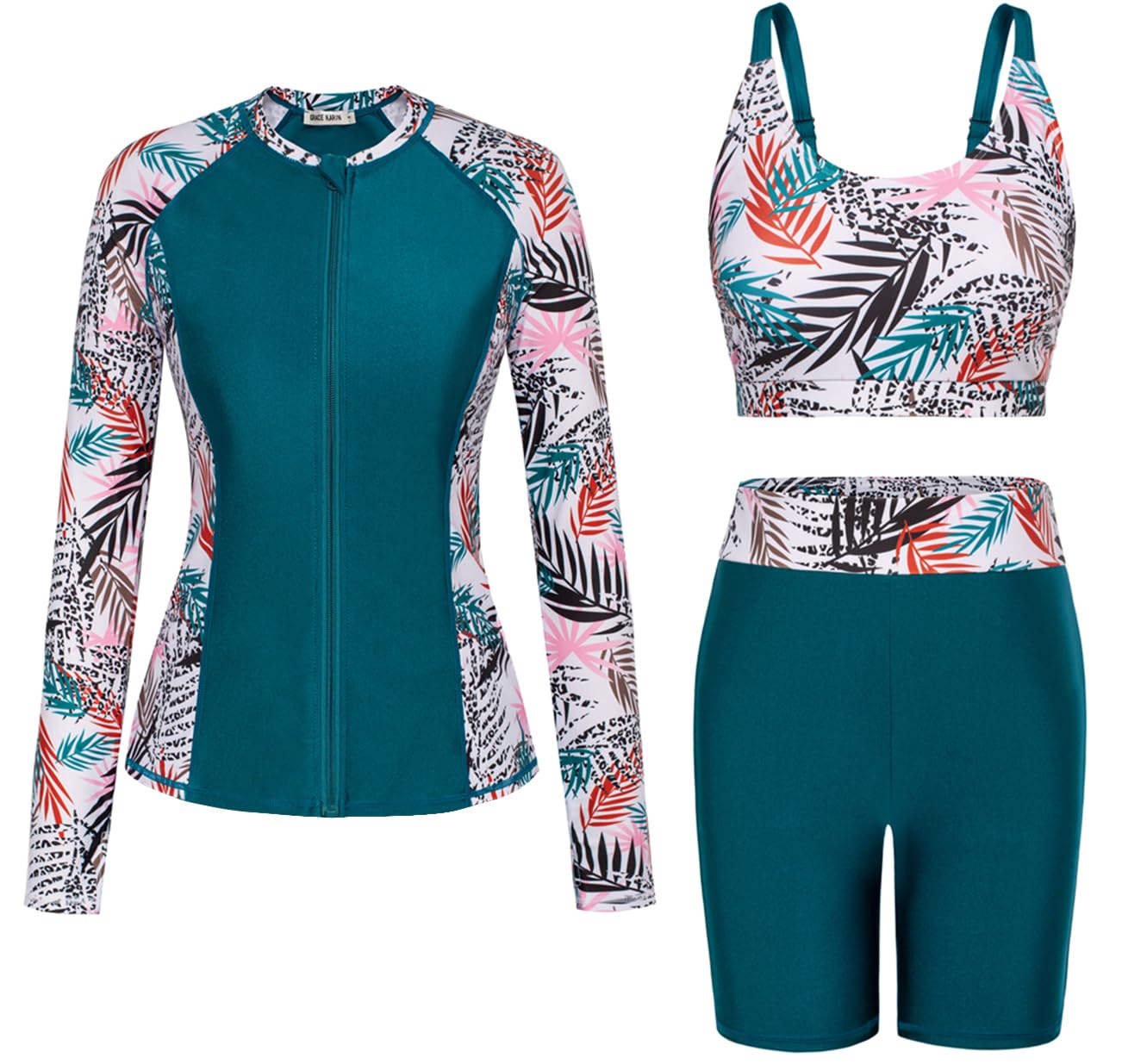 GRACE KARIN Women's 3 Piece Rash Guard Swimsuit Set with Built-in Bra, Long Sleeve UV Sun Protection, Zip Up Swim Top - Perfect for Swimming, Surfing & Beach Activities