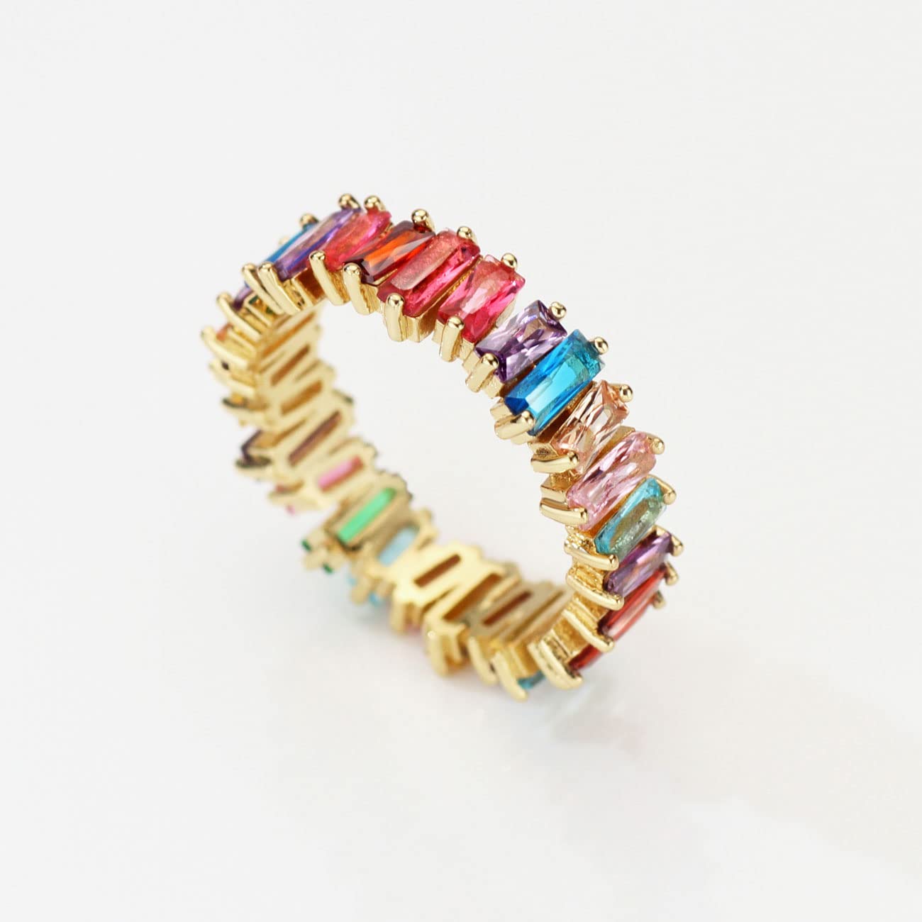 18K Gold Plated Rainbow Eternity Ring for Women - Multicolor Cubic Zirconia Baguette Wedding Band, Anniversary Gift, Stackable Ring for Everyday Wear & Special Occasions