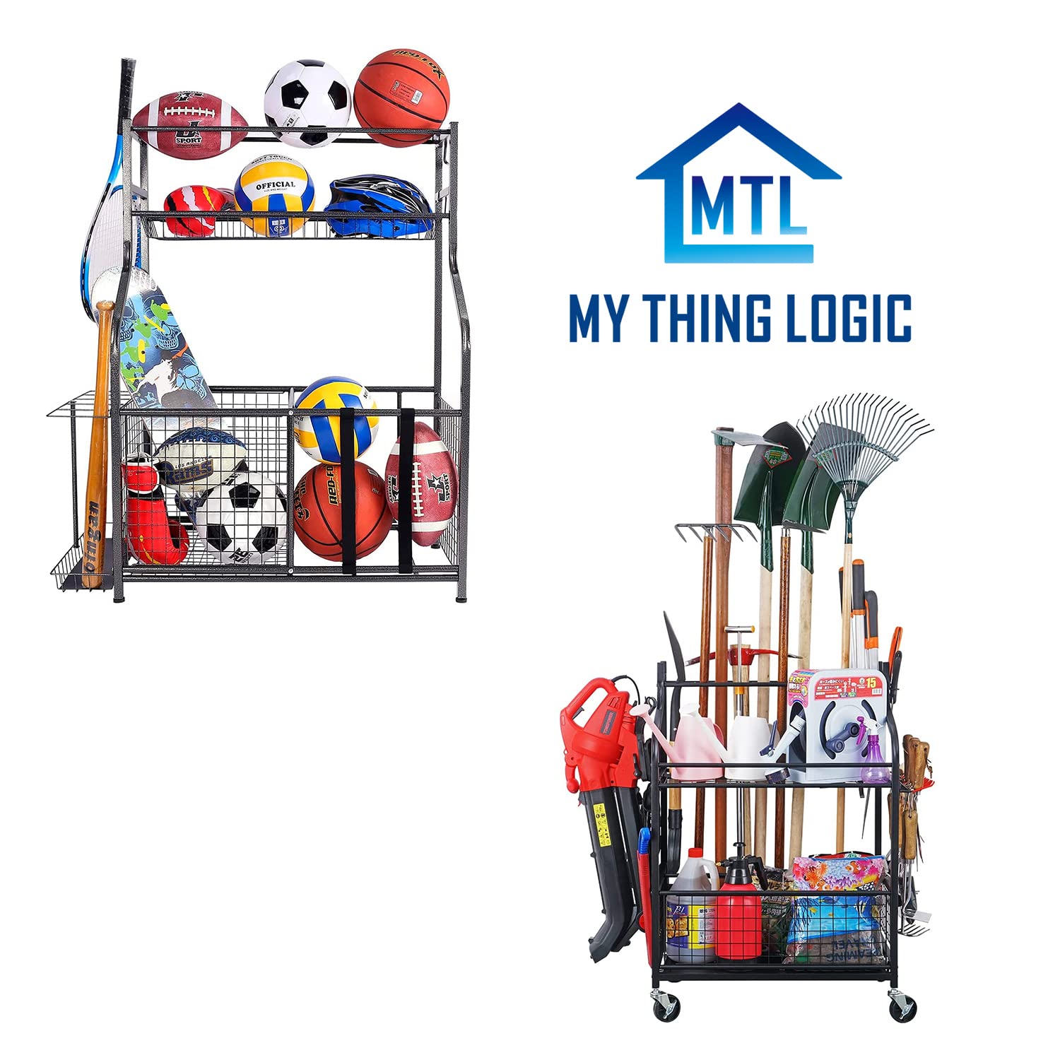 Mythinglogic Heavy Duty Garage Storage System with Baskets & Hooks - Mobile Garage Organizer with Wheels for Tools, Garden Equipment & Yard Supplies - Perfect for Garage Organization, Workshop Storage & Outdoor Tool Rack