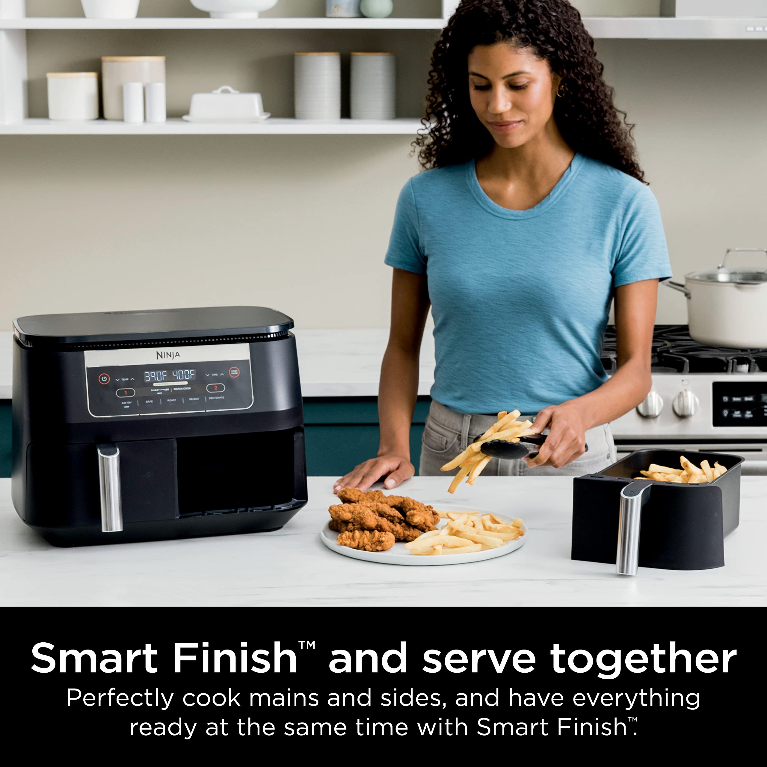 Ninja DZ090 6-Quart Dual-Zone Air Fryer with 2 Baskets - Roast, Bake, Dehydrate & Reheat Food (Renewed) - Perfect for Family Dinners, Meal Prep & Healthy Cooking