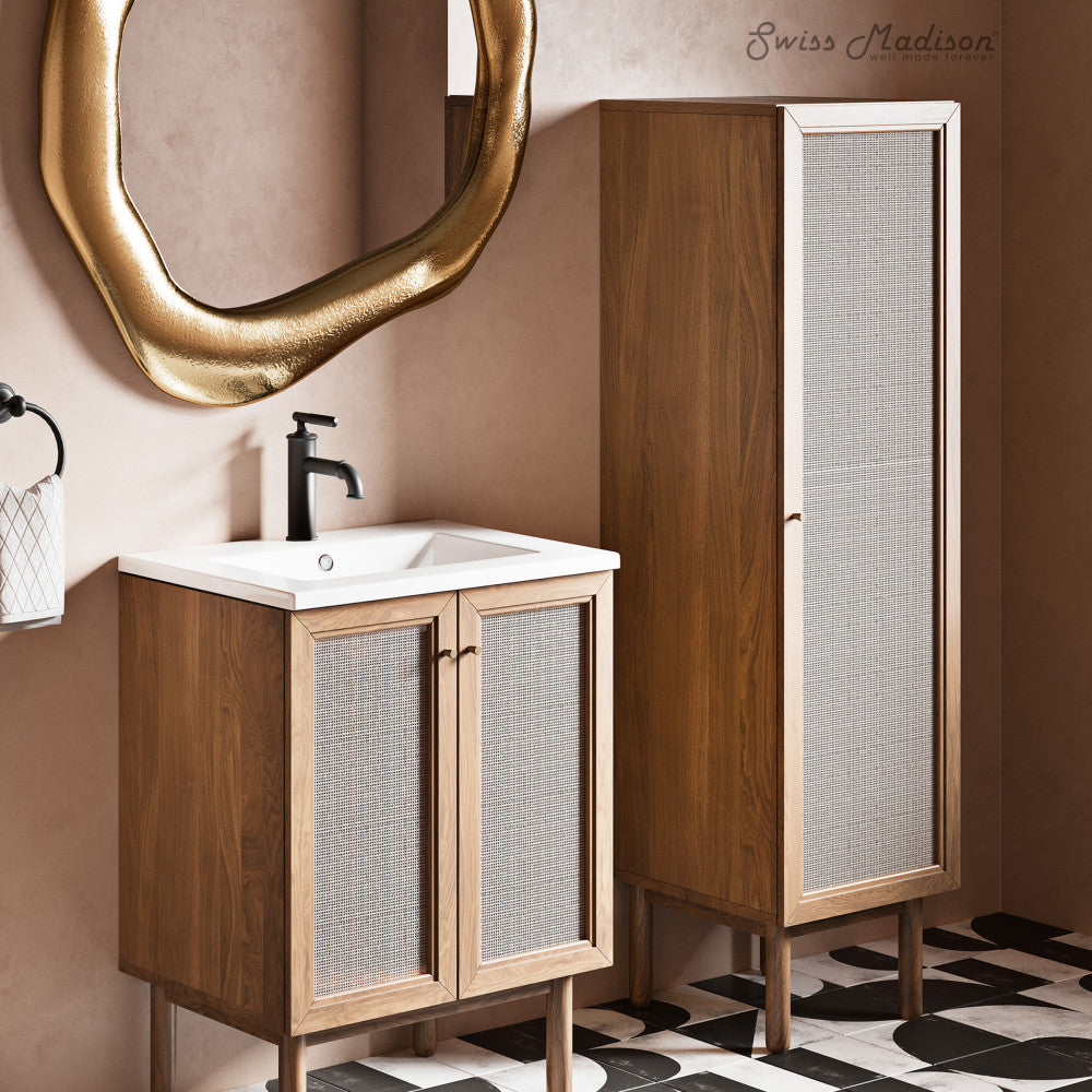 15.5 x 15 x 60 Inch Freestanding Linen Cabinet in Toppan Oak - Perfect for Bedroom, Bathroom, and Hallway Storage Organization