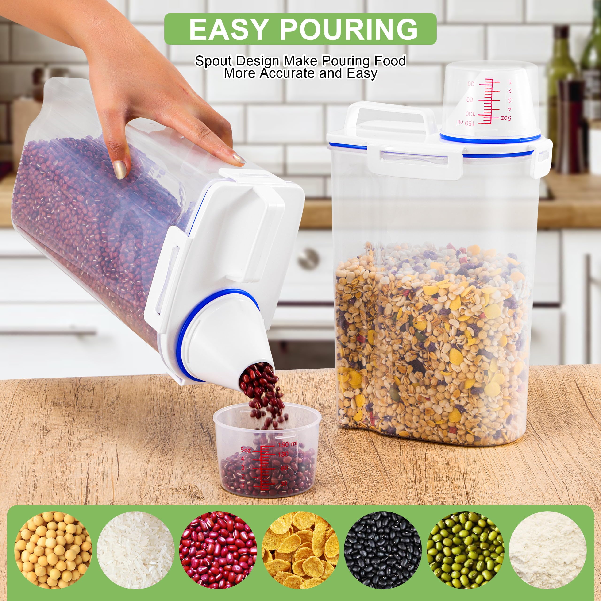 2-Piece Rice Dispenser Set - 10 lbs Airtight Plastic Storage Containers with Measuring Cup & Pour Spout for Rice, Cereal, Grain, Flour, Sugar, Oatmeal & Dry Pet Food - Perfect for Kitchen Pantry Organization & Bulk Food Storage