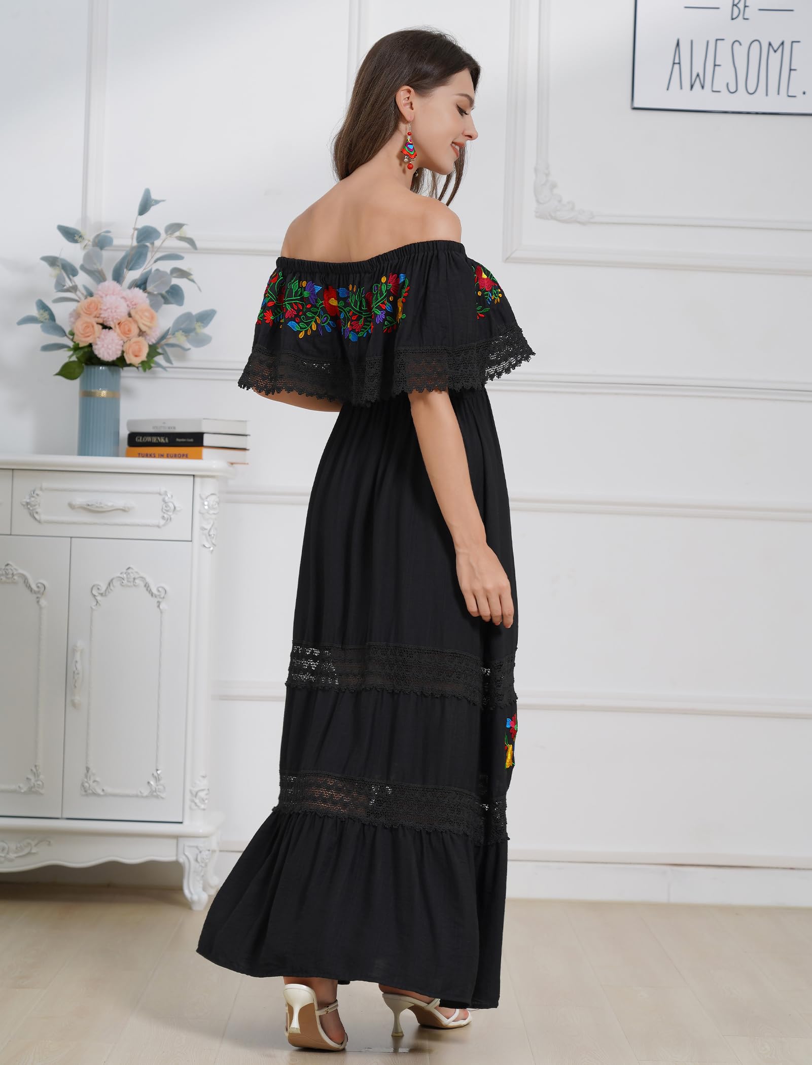 Mexican Floral Embroidered Off-Shoulder Long Maxi Dress for Women - Summer Boho Beach Dress, Casual Party Wear & Vacation Outfit