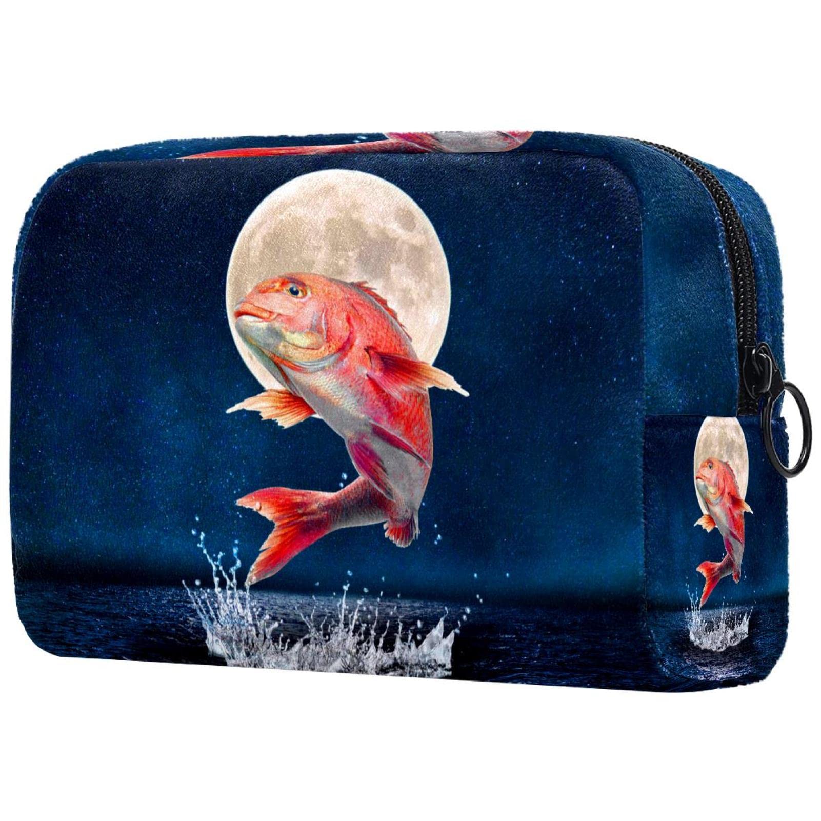 Small Makeup Bag for Women - Travel Cosmetic Organizer with Koi Fish & Moon Ocean Print - Perfect for Daily Essentials & Travel Accessories