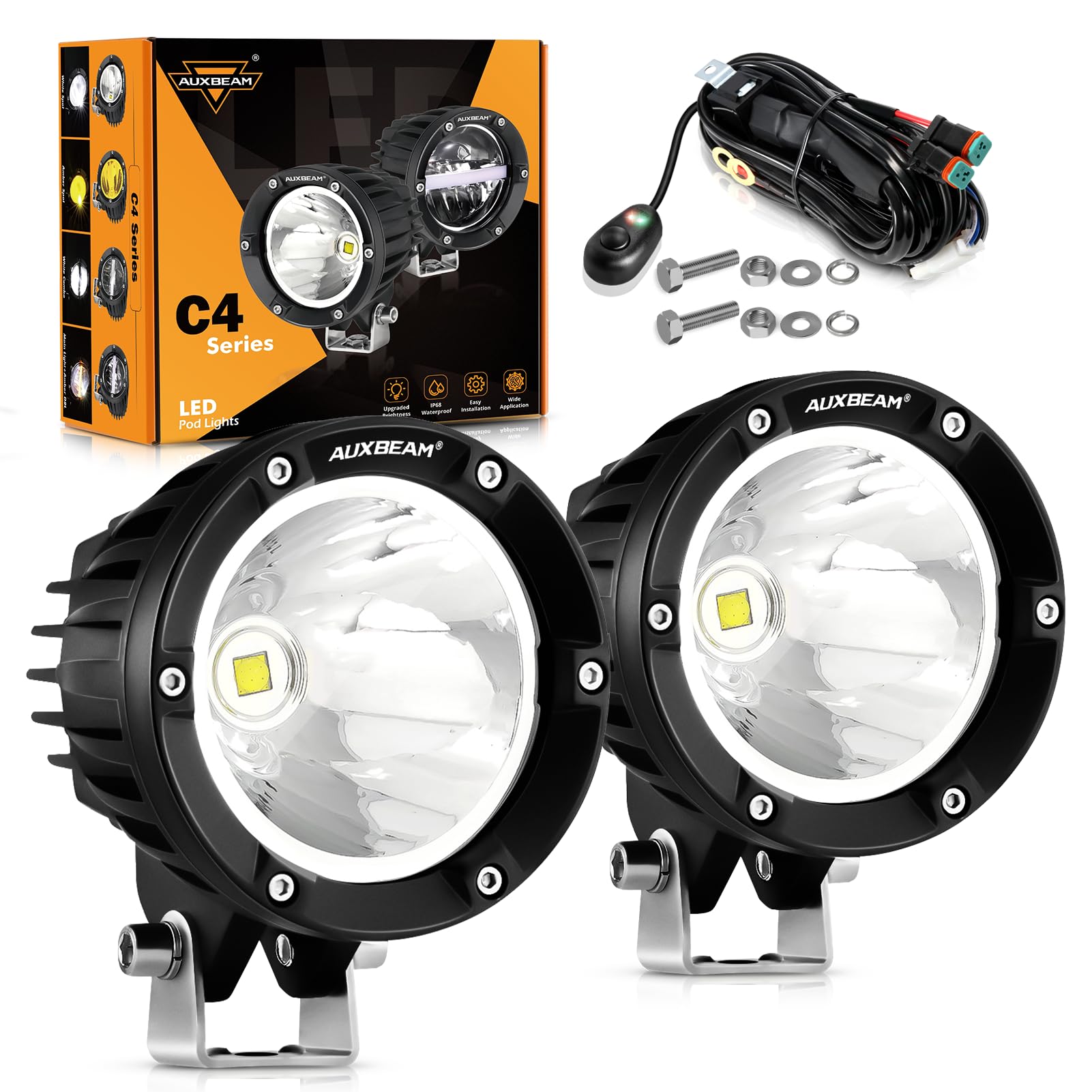 Auxbeam 4 Inch 72W Round LED Pods - Super Bright Off Road Driving Spot Lights, Offroad Light Bar for Trucks, Jeep, ATV, Motorcycle - Perfect for Bumper, A-Pillar, Ditch Lighting & Night Off-Road Adventures