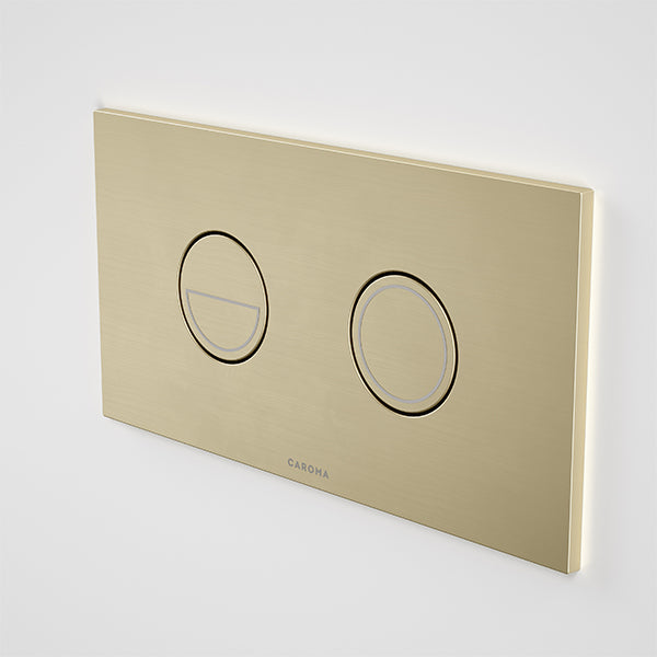 Caroma Invisi Series II Round Dual Flush Toilet Plate & Buttons in Brushed Brass - Modern Bathroom Upgrade for Water-Saving Homes