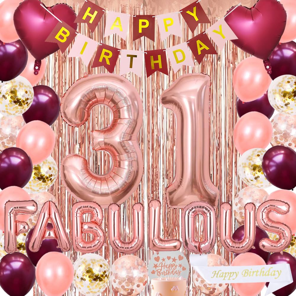 31st Birthday Party Decorations for Women & Girls - Burgundy Pink Rose Gold Happy Birthday Banner, Cake Topper, Confetti, Foil Number 31 & Curtains - Perfect for Milestone Celebrations, Surprise Parties & Instagram-Worthy Decor