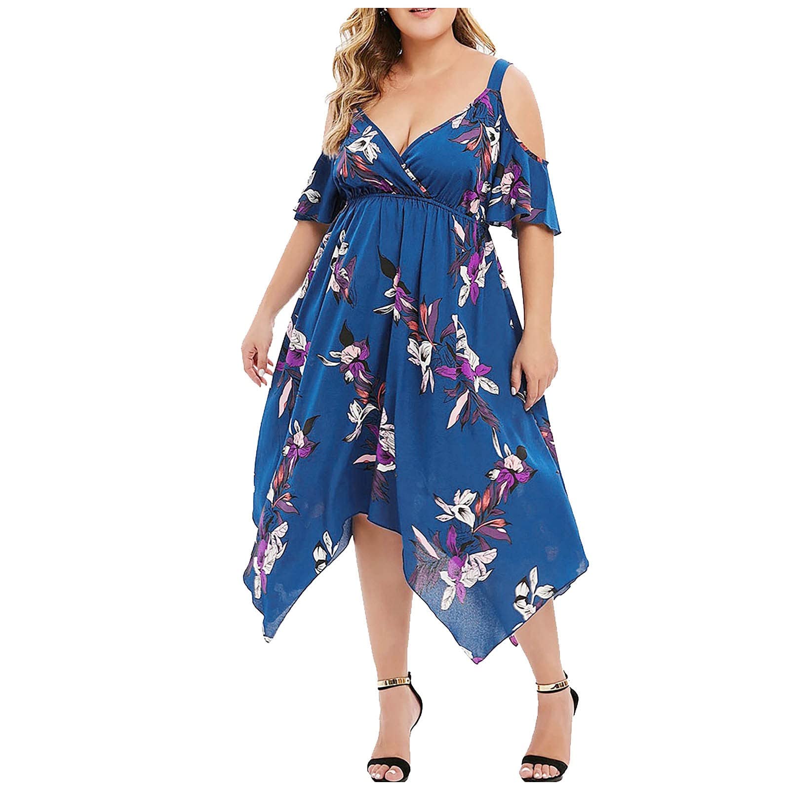 Plus Size Summer Dress for Women - Floral Printed Open Shoulder V-Neck Handkerchief Hem Loose Fit Short Sleeve Dress | Beach Vacation, Date Night & Casual Wear